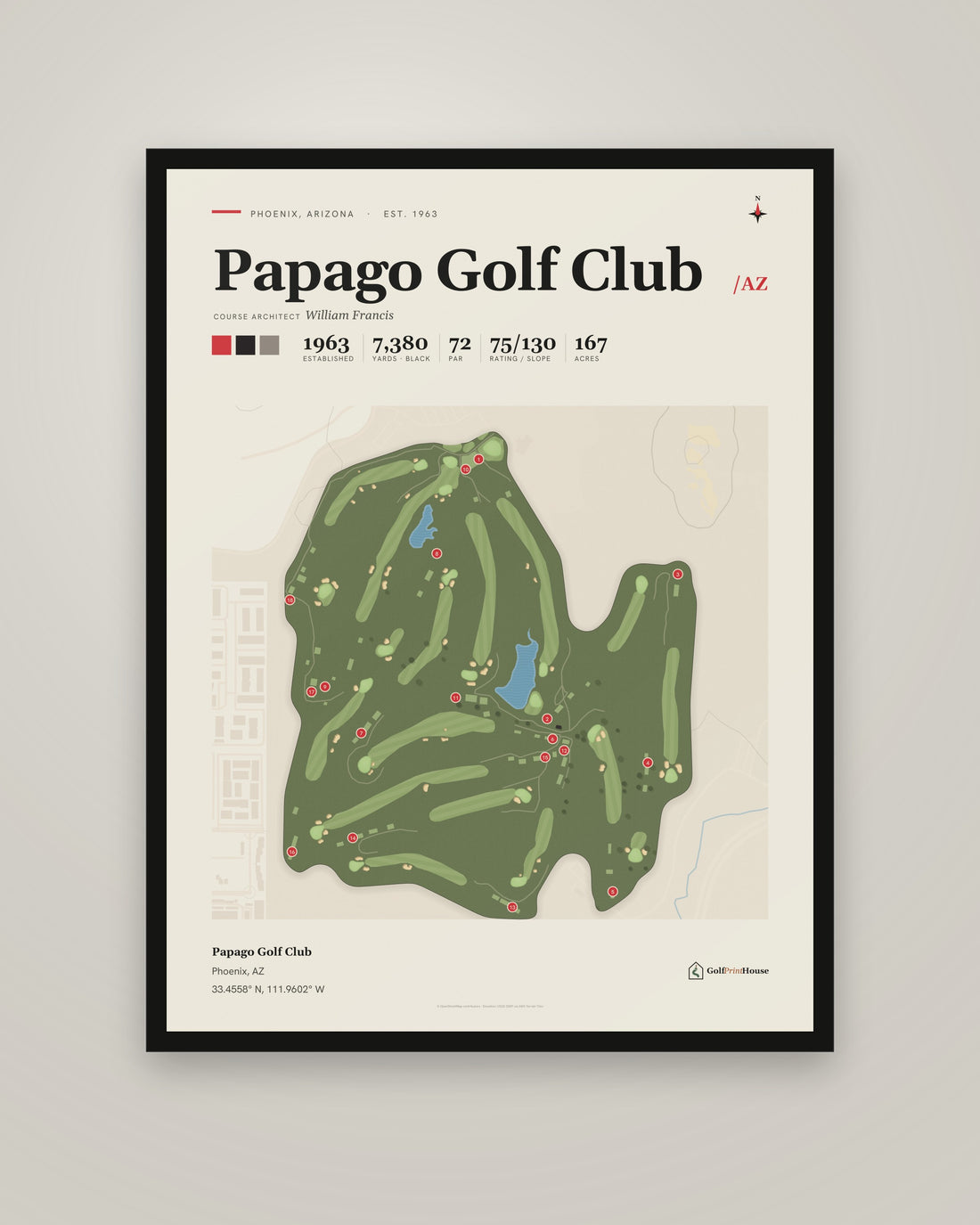 Papago Golf Club Print | Phoenix Golf Course Map Poster | Mid Century Golf Wall Art