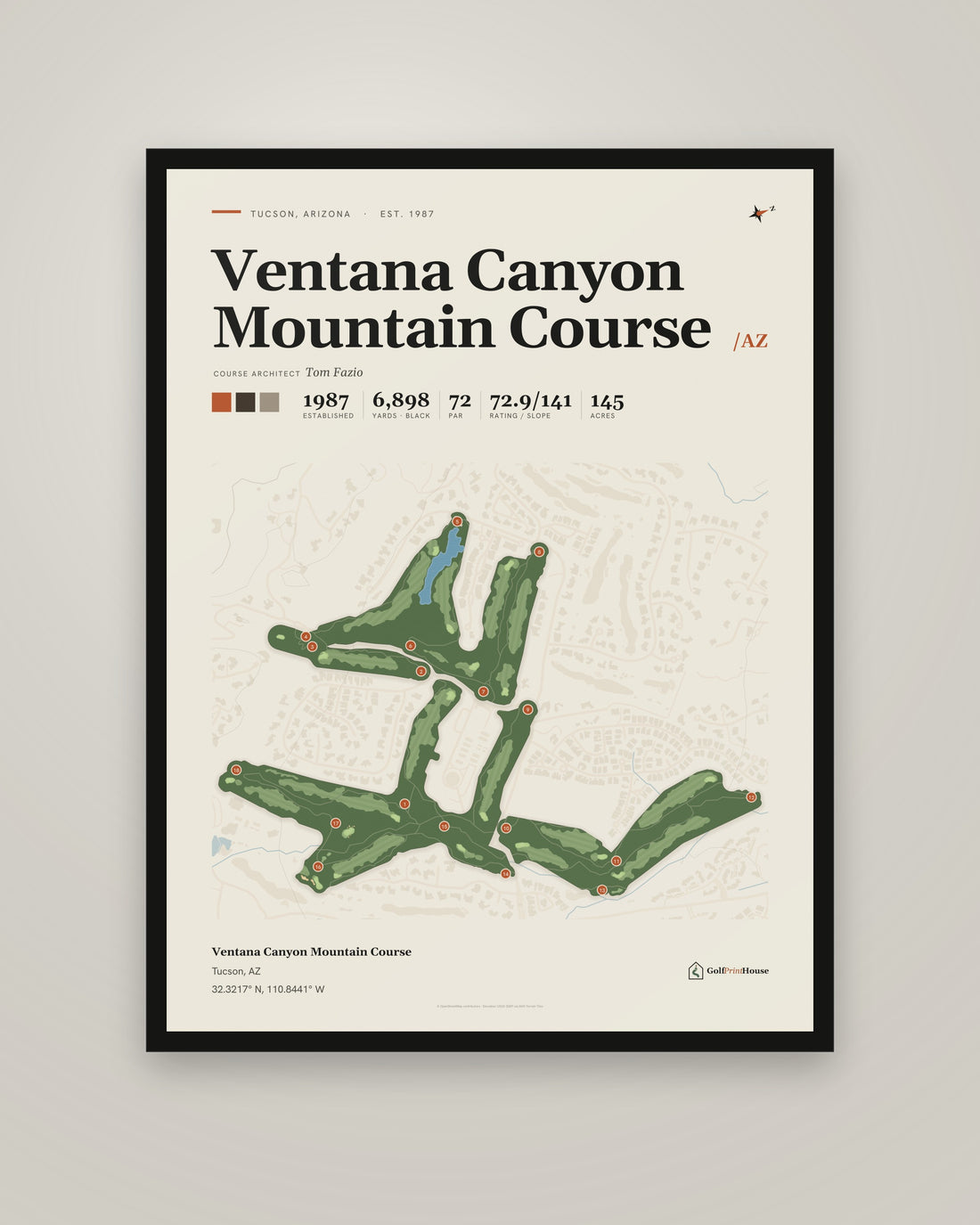 Ventana Canyon Mountain Course Print | Tucson Golf Course Map Poster | Mid Century Golf Wall Art