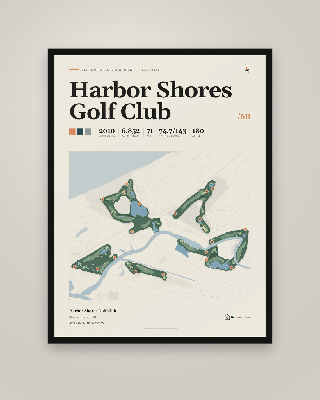 Harbor Shores Golf Club Print | Benton Harbor Golf Course Map Poster | Mid Century Golf Wall Art