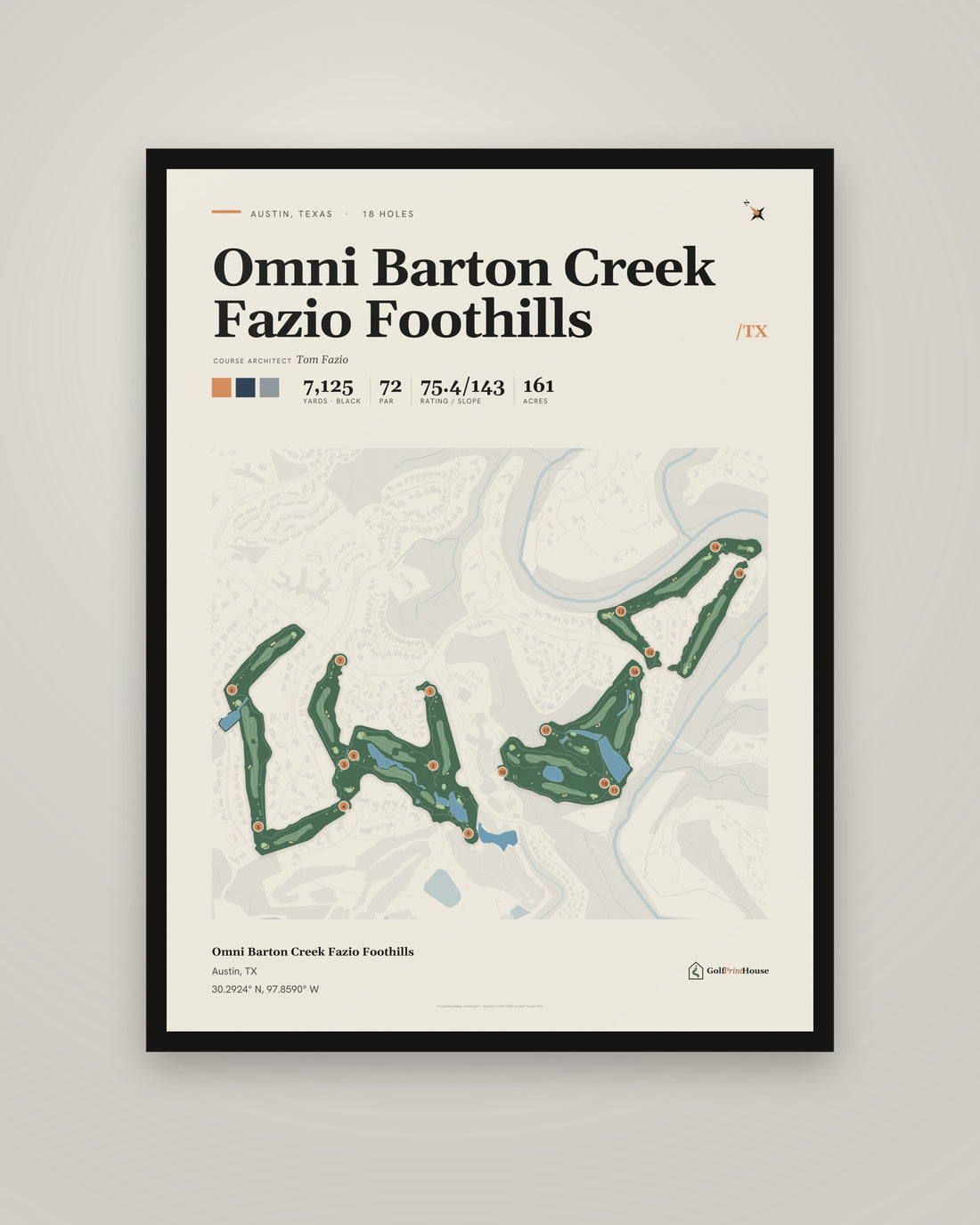 Omni Barton Creek Fazio Foothills Print | Austin Golf Course Map Poster | Mid Century Golf Wall Art