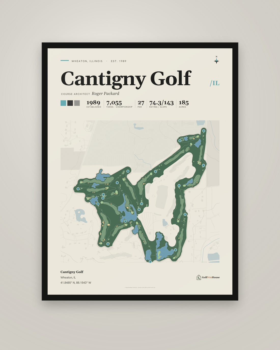 Cantigny Golf Framed Print | Wheaton Golf Course Map | Ready to Hang Mid Century Golf Wall Art