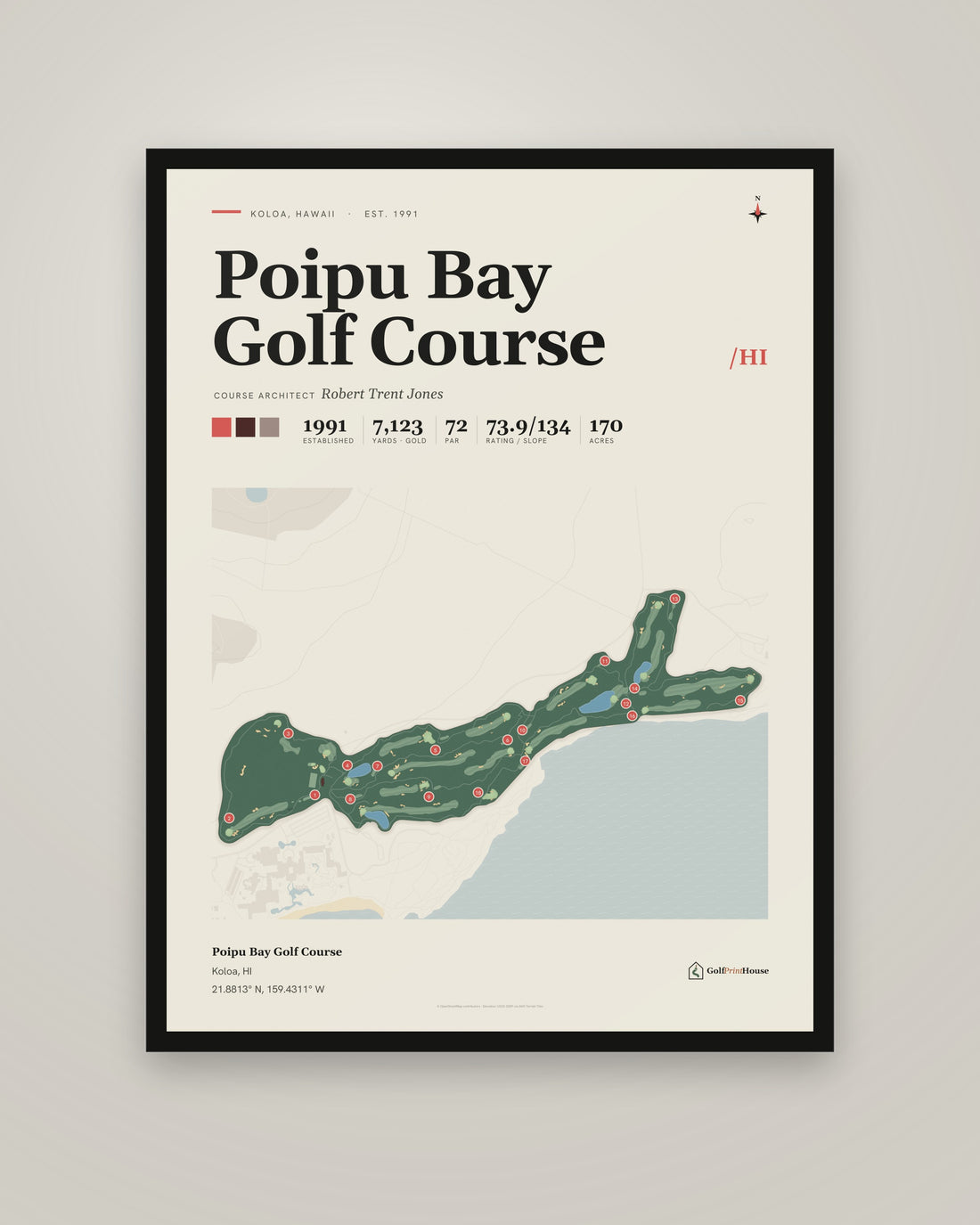 Poipu Bay Golf Course Framed Print | Koloa Golf Course Map | Ready to Hang Mid Century Golf Wall Art