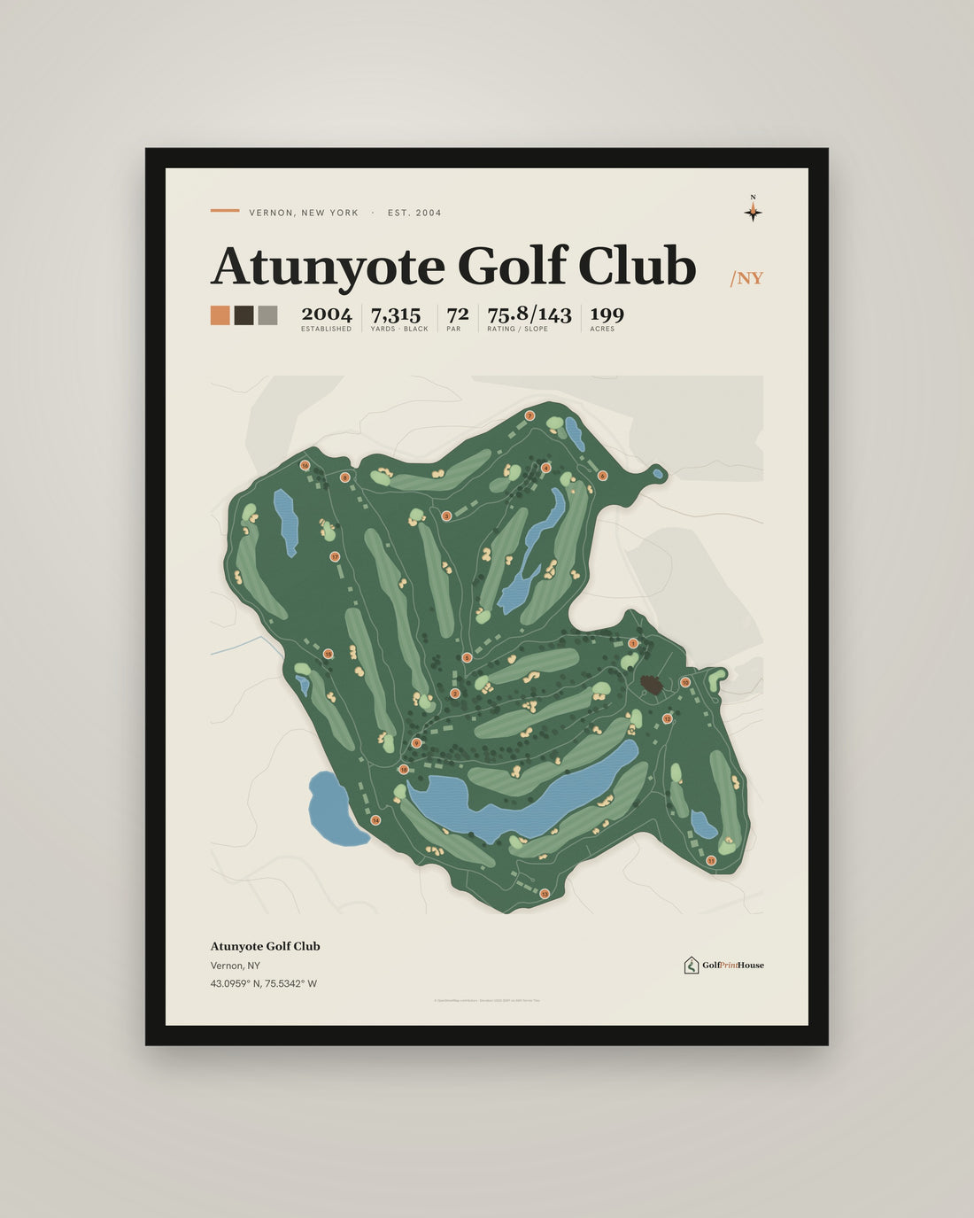Atunyote Golf Club Framed Print | Vernon Golf Course Map | Ready to Hang Mid Century Golf Wall Art