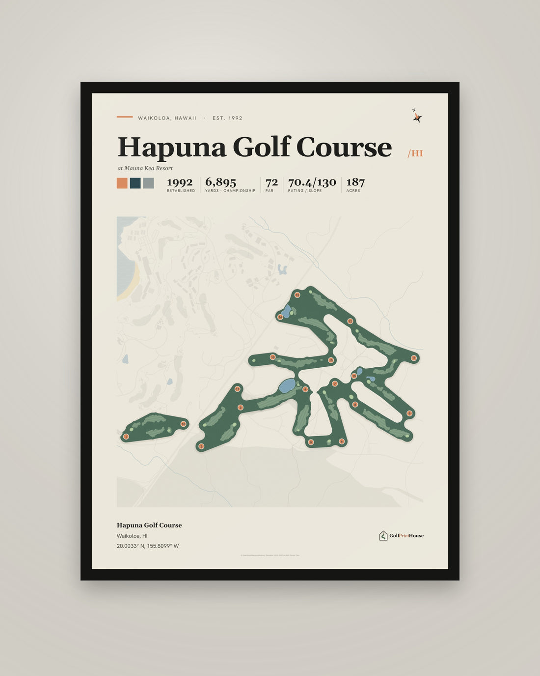 Hapuna Golf Course Print | Waikoloa Golf Course Map Poster | Mid Century Golf Wall Art