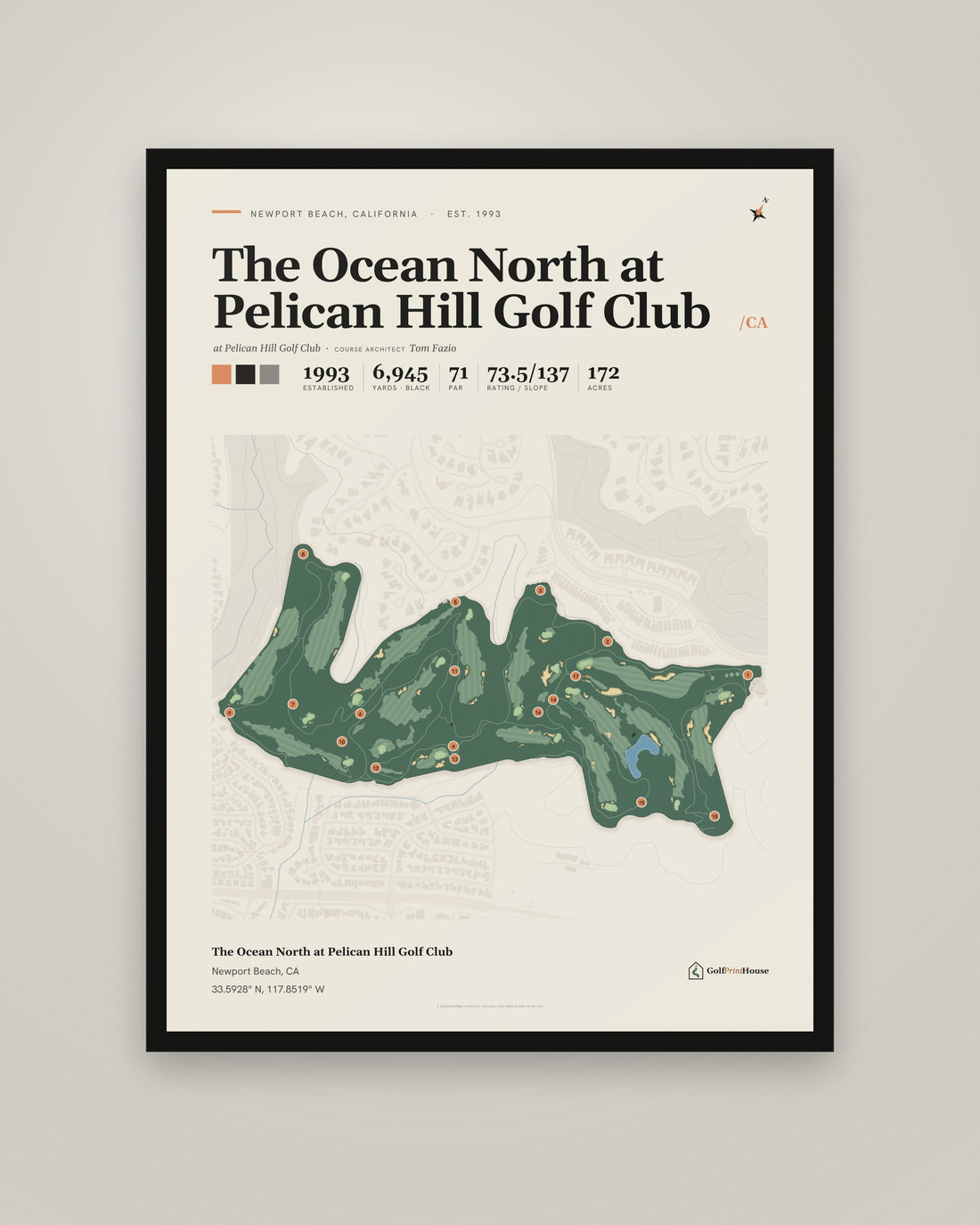 The Ocean North at Pelican Hill Golf Club golf course print, framed, on a plain wall