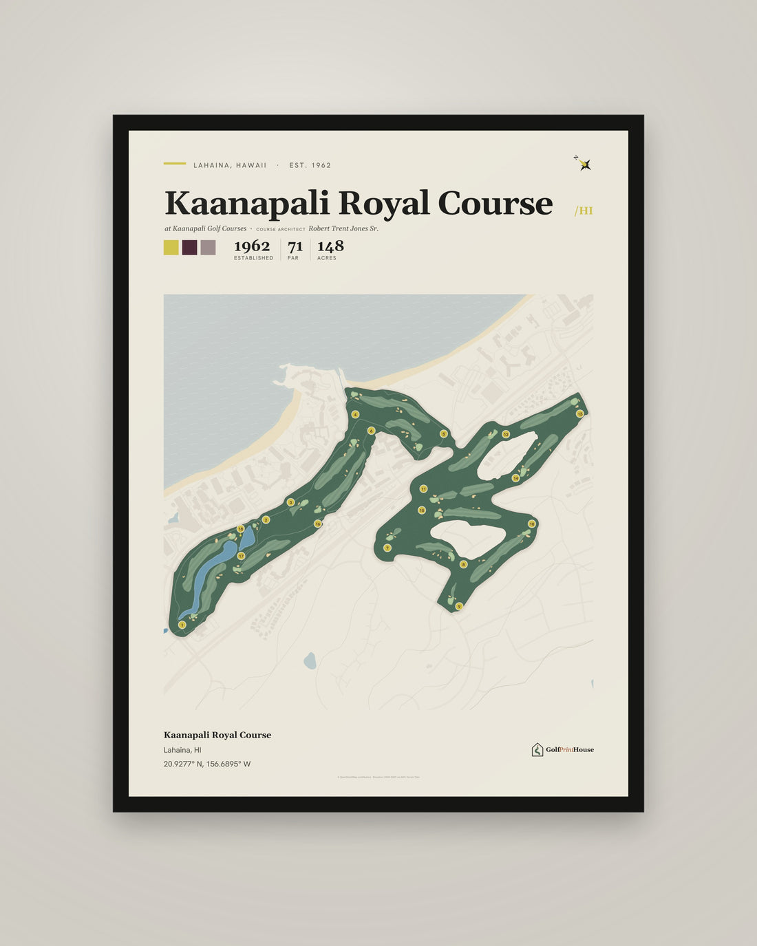 Kaanapali Royal Course Print | Lahaina Golf Course Map Poster | Mid Century Golf Wall Art