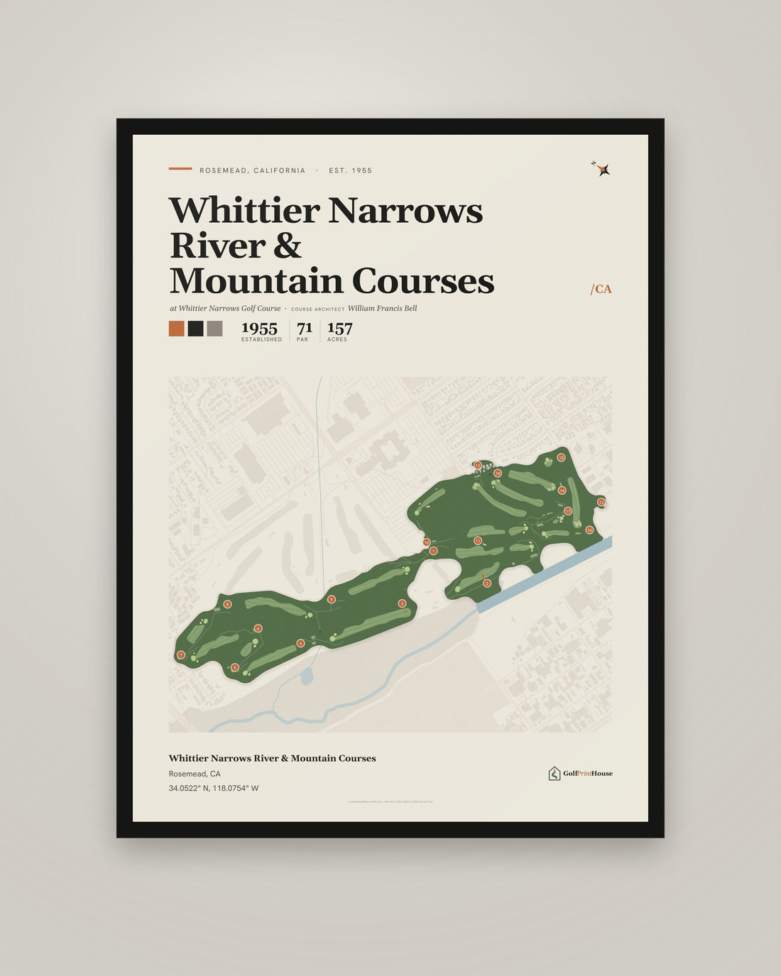 Whittier Narrows River & Mountain Courses golf course print, framed, on a plain wall