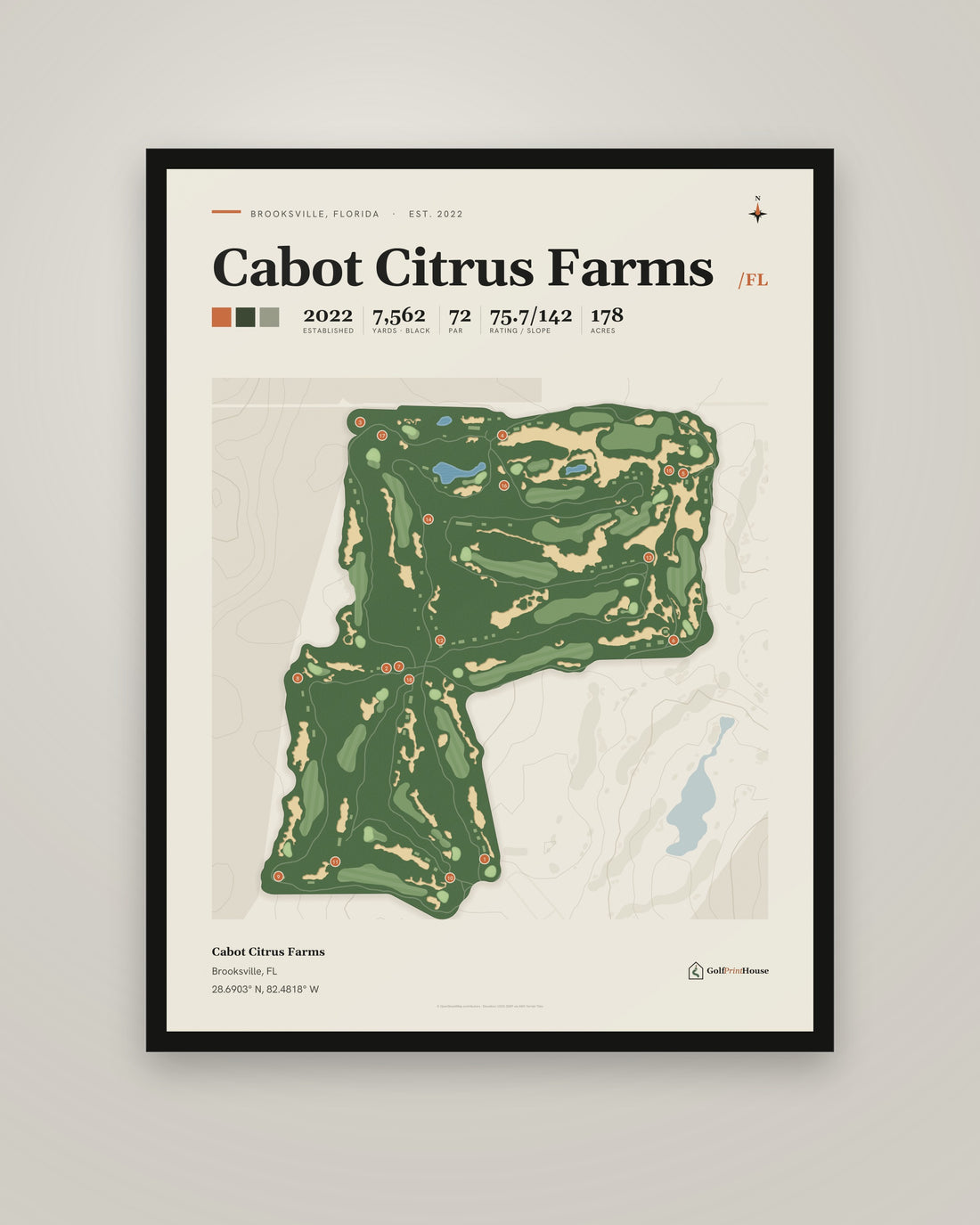 Cabot Citrus Farms Print | Brooksville Golf Course Map Poster | Mid Century Golf Wall Art