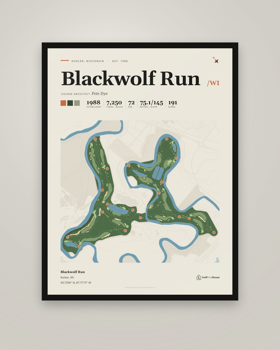 Blackwolf Run Print | Kohler Golf Course Map Poster | Mid Century Golf Wall Art