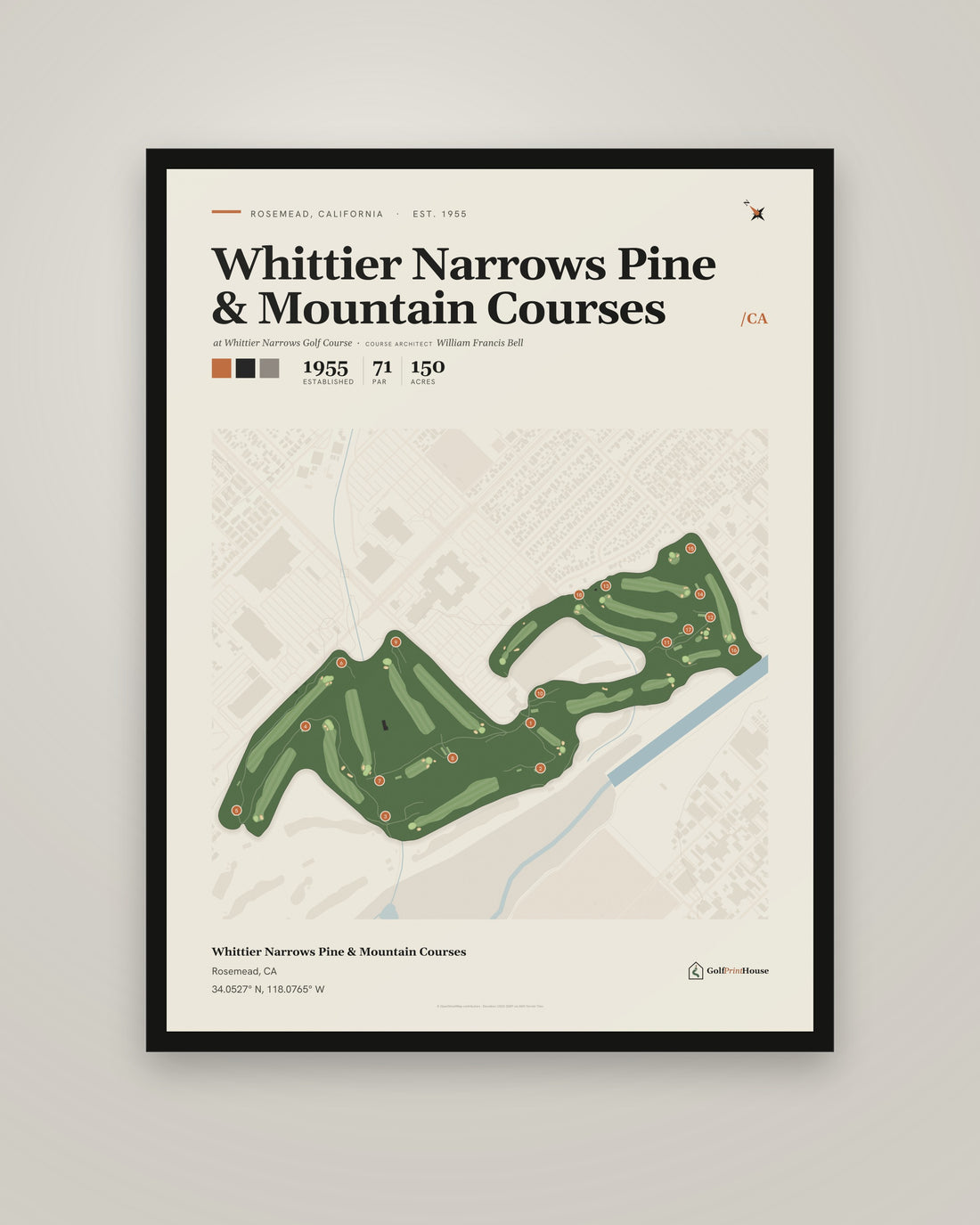 Whittier Narrows Pine & Mountain Courses golf course print, framed, on a plain wall