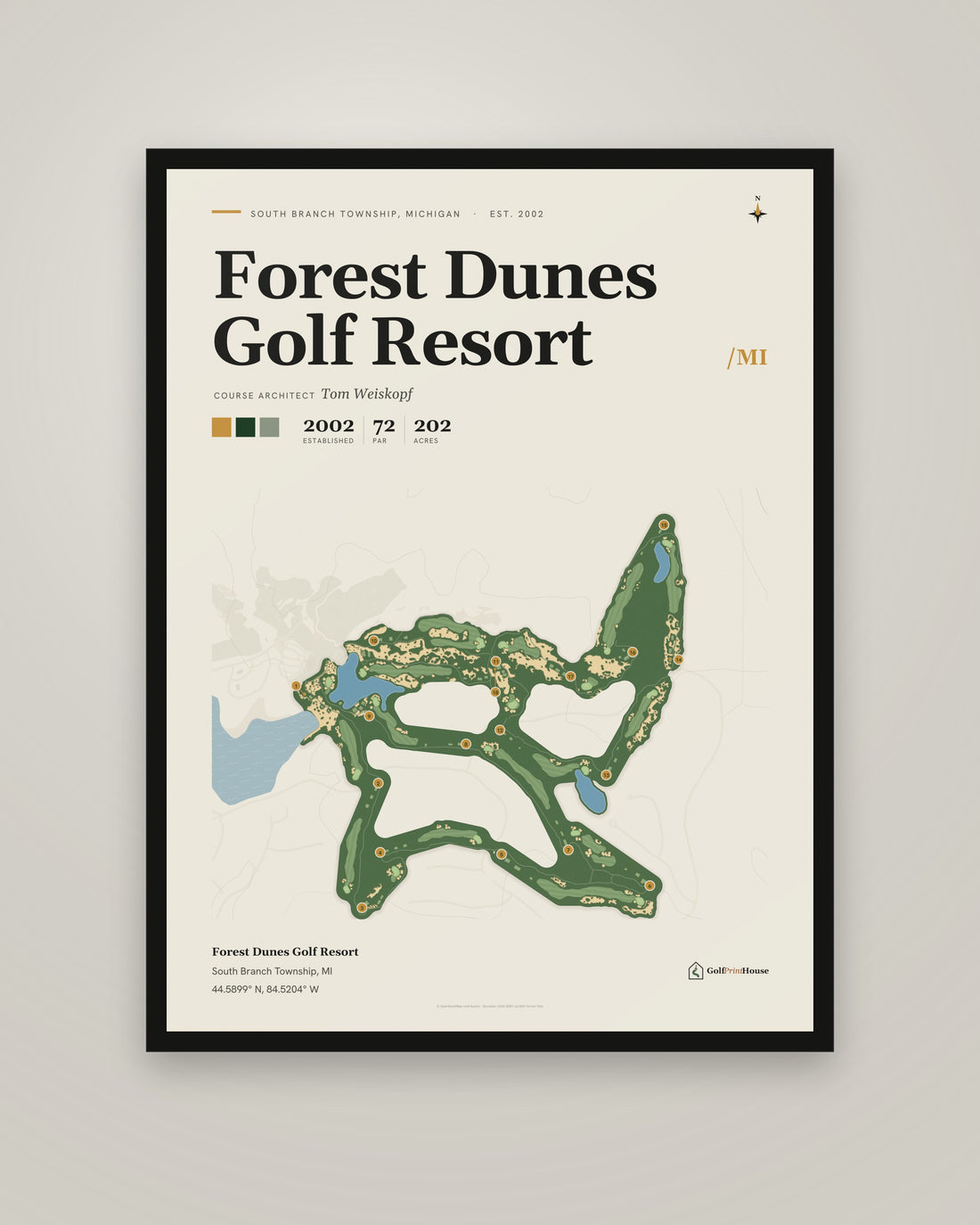 Forest Dunes Golf Resort Framed Print | South Branch Township Golf Course Map | Ready to Hang Mid Century Golf Wall Art