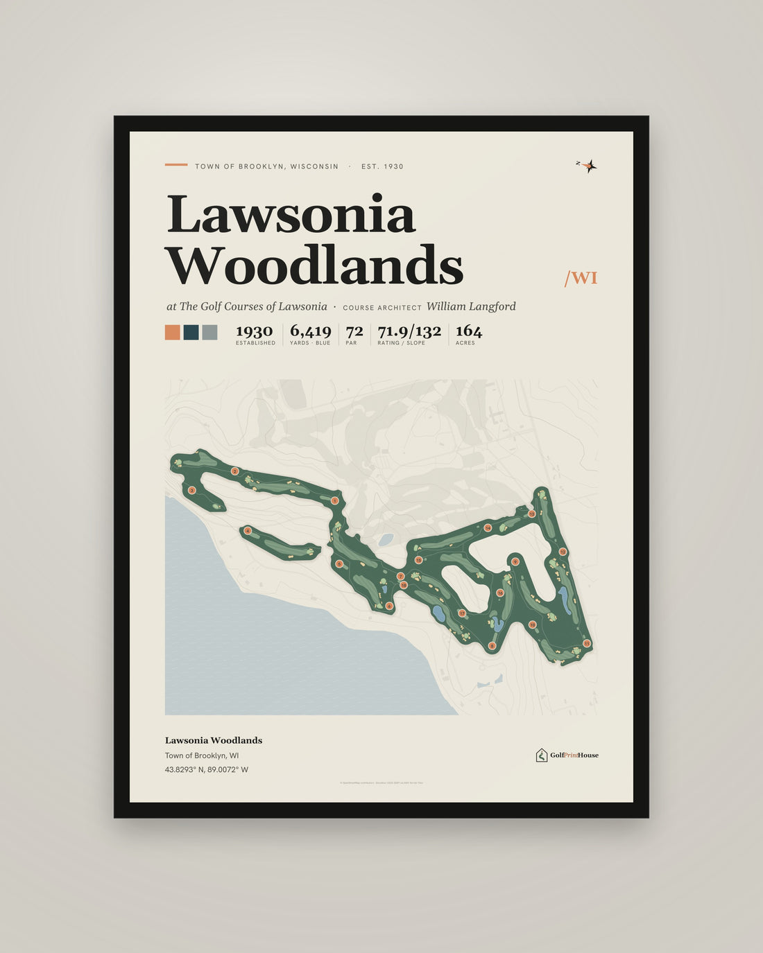 Lawsonia Woodlands golf course print, framed, on a plain wall