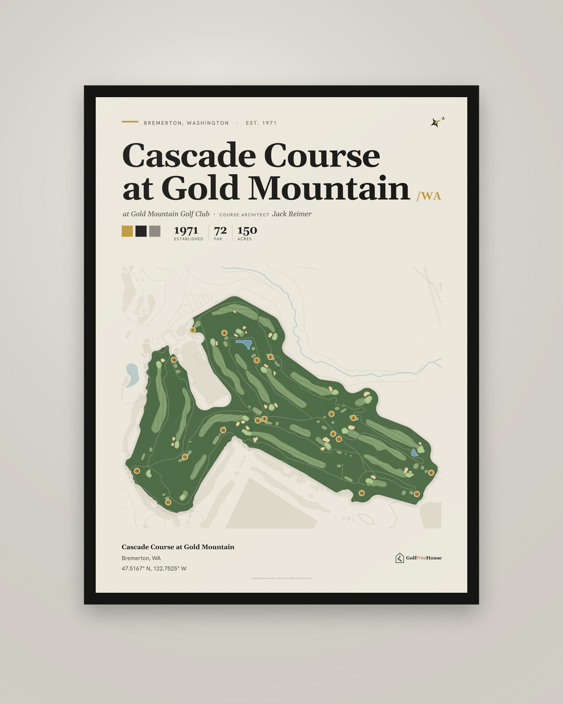 Cascade Course at Gold Mountain golf course print, framed, on a plain wall