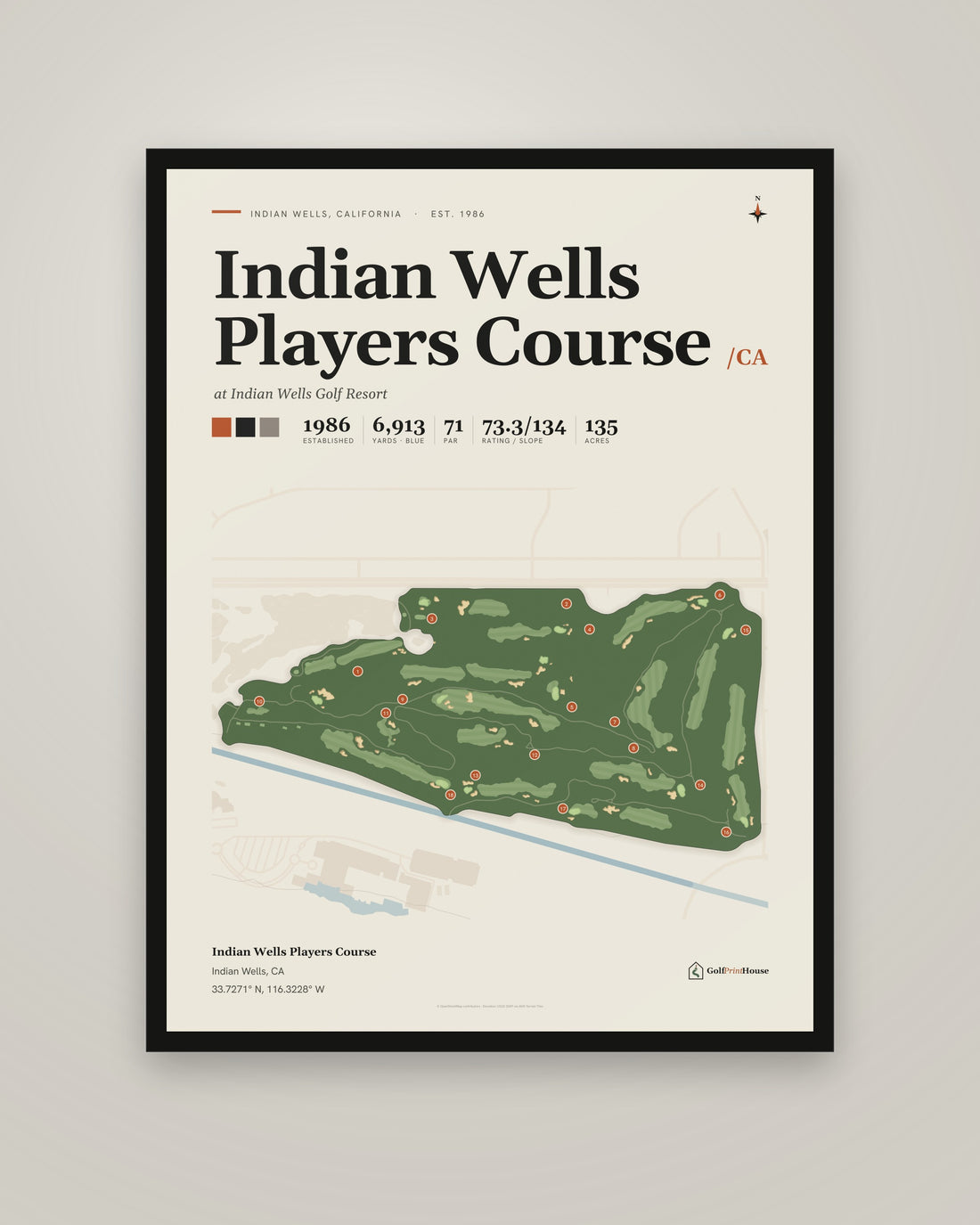 Indian Wells Players Course Framed Print | Indian Wells Golf Course Map | Ready to Hang Mid Century Golf Wall Art