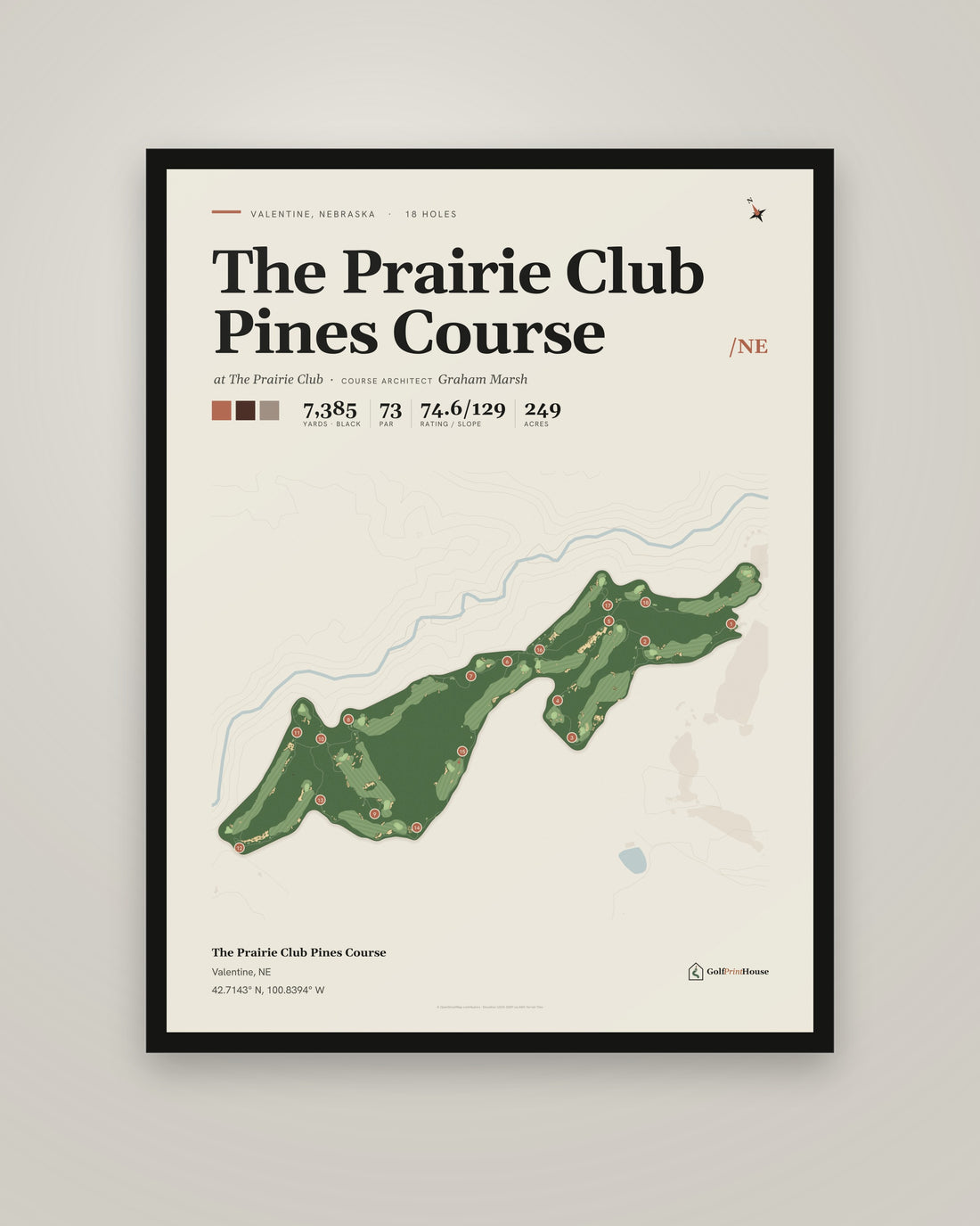 The Prairie Club Pines Course golf course print, framed, on a plain wall