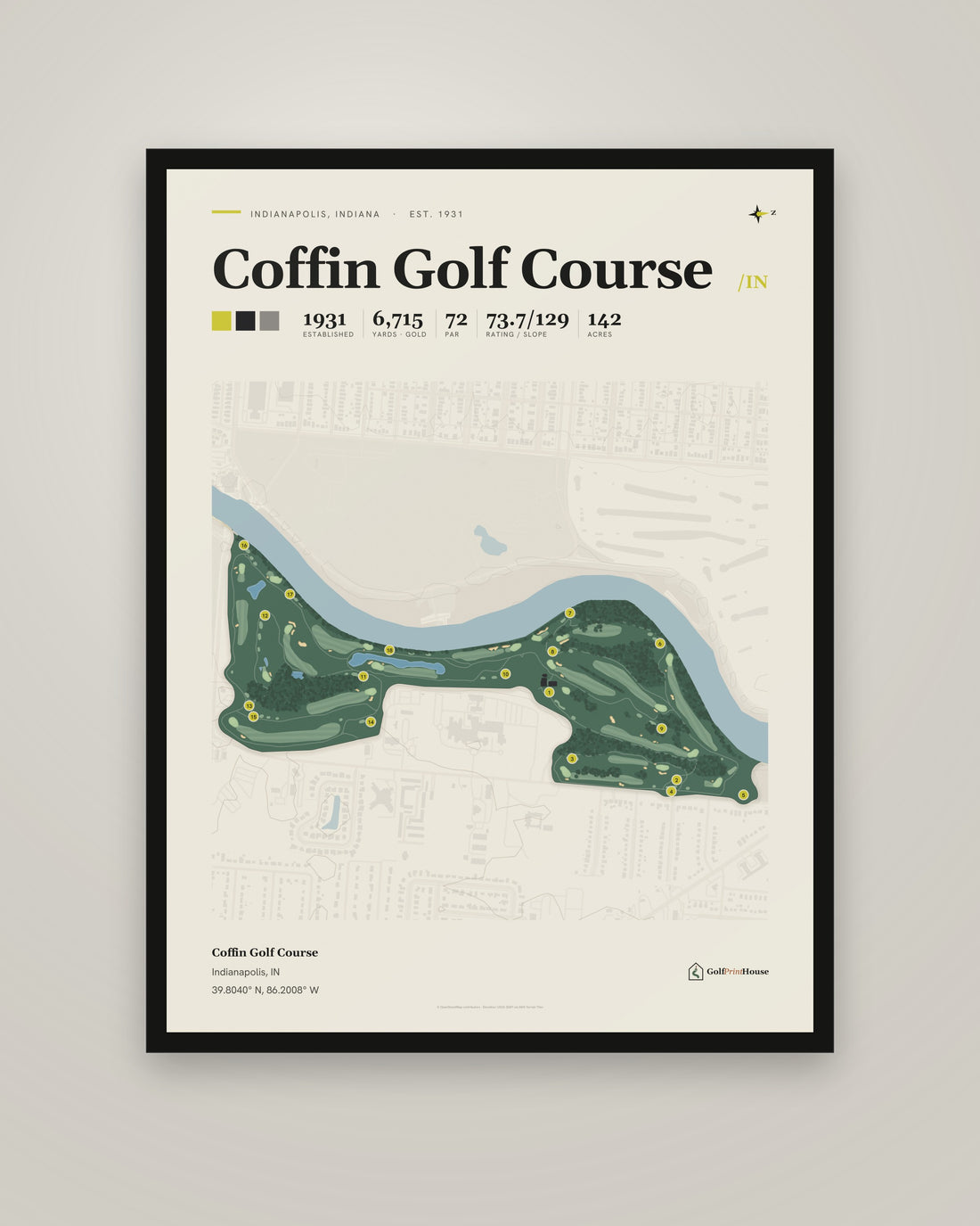 Coffin Golf Course golf course print, framed, on a plain wall