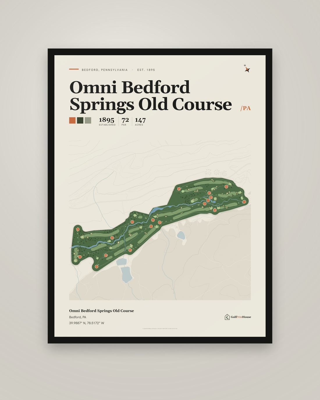 Omni Bedford Springs Old Course Framed Print | Bedford Golf Course Map | Ready to Hang Mid Century Golf Wall Art