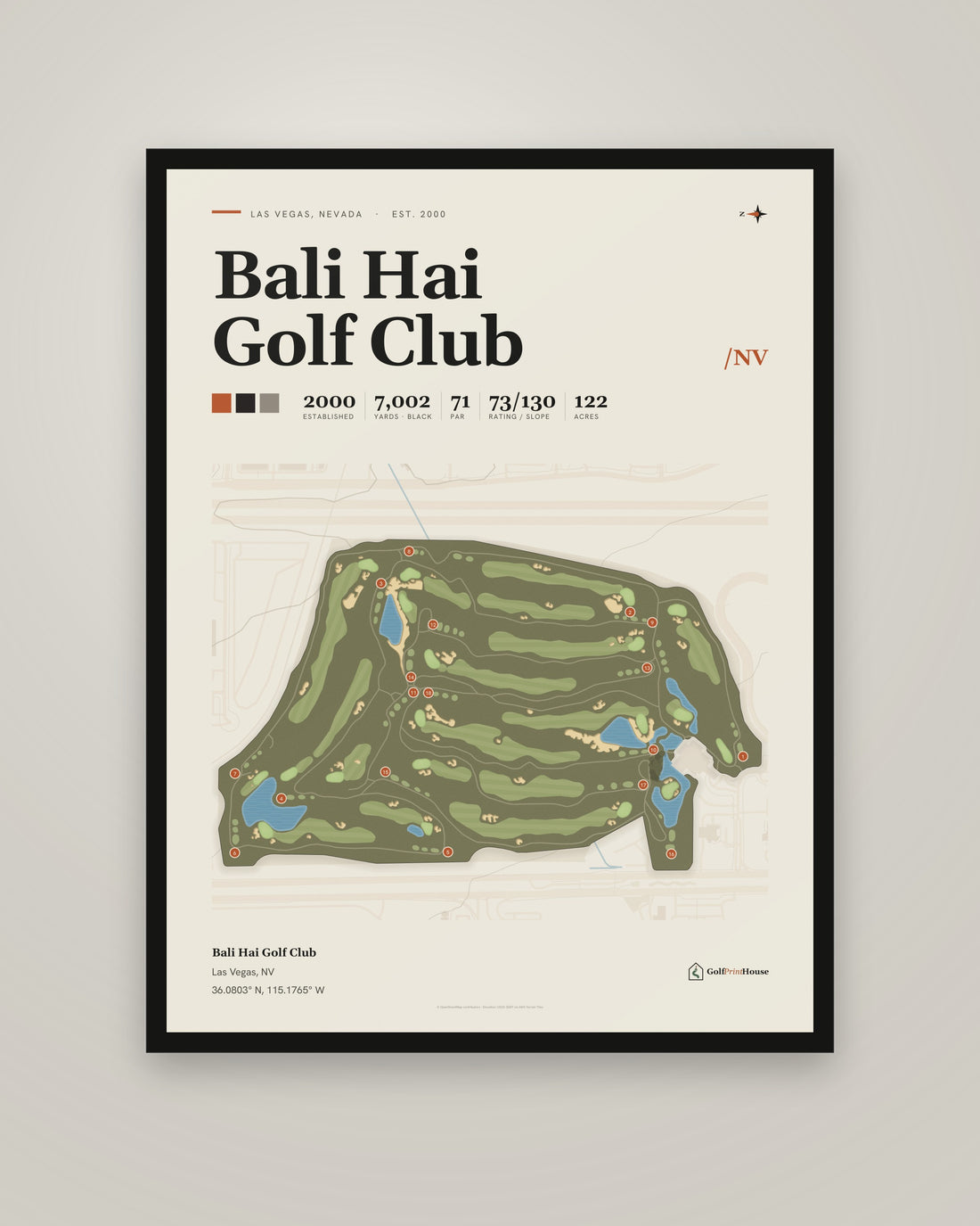 Bali Hai Golf Club golf course print, framed, on a plain wall