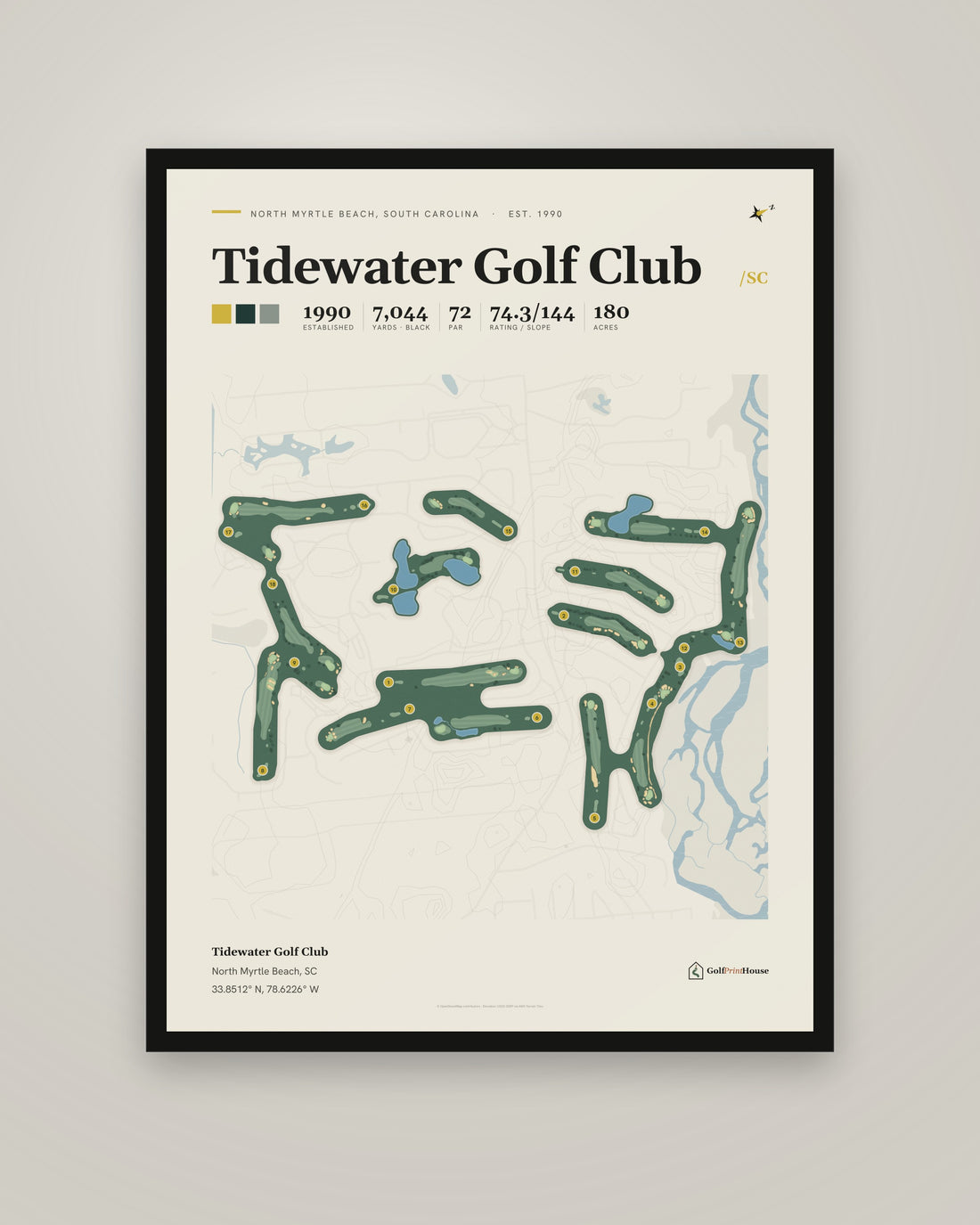 Tidewater Golf Club Framed Print | North Myrtle Beach Golf Course Map | Ready to Hang Mid Century Golf Wall Art