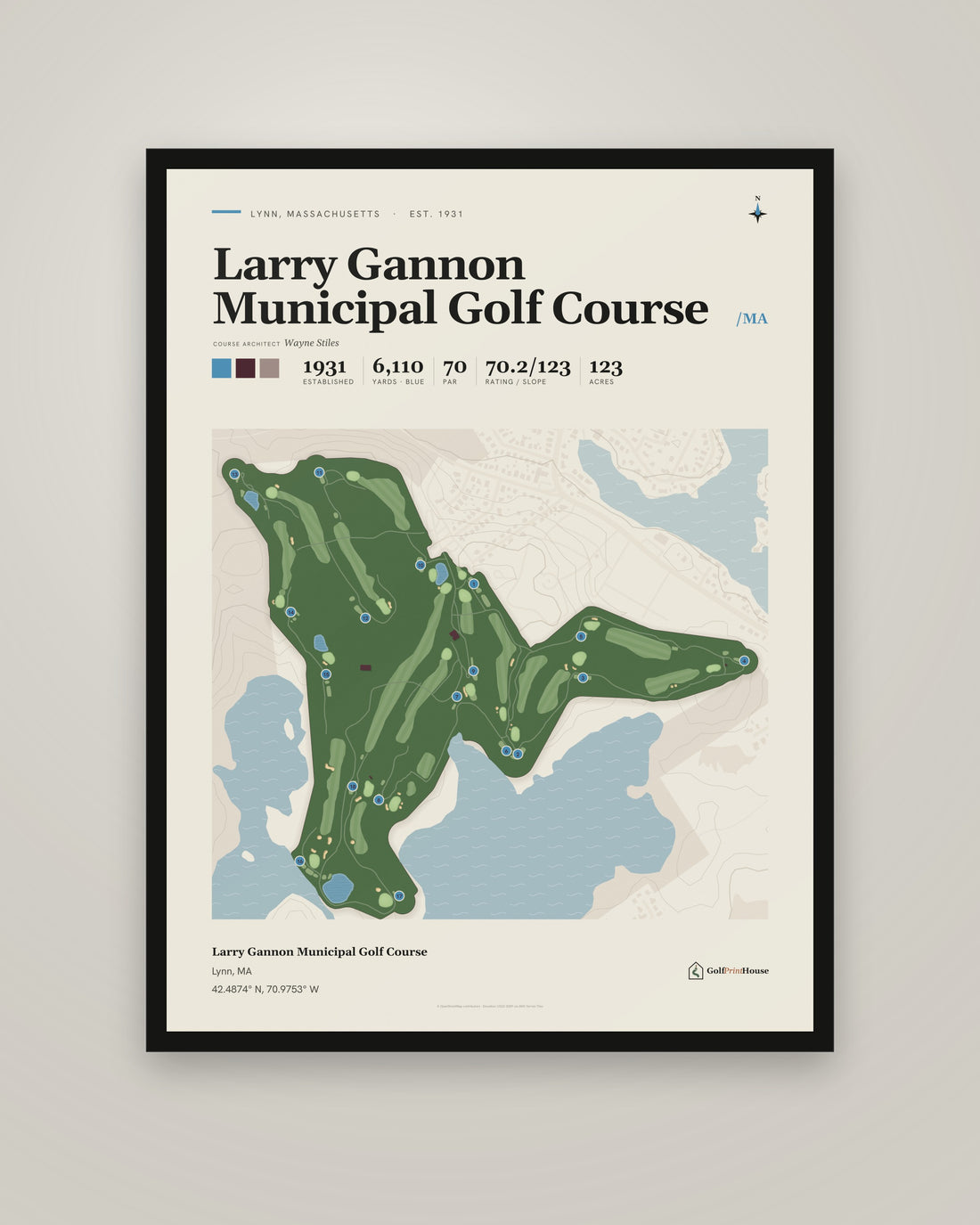 Larry Gannon Municipal Golf Course golf course print, framed, on a plain wall