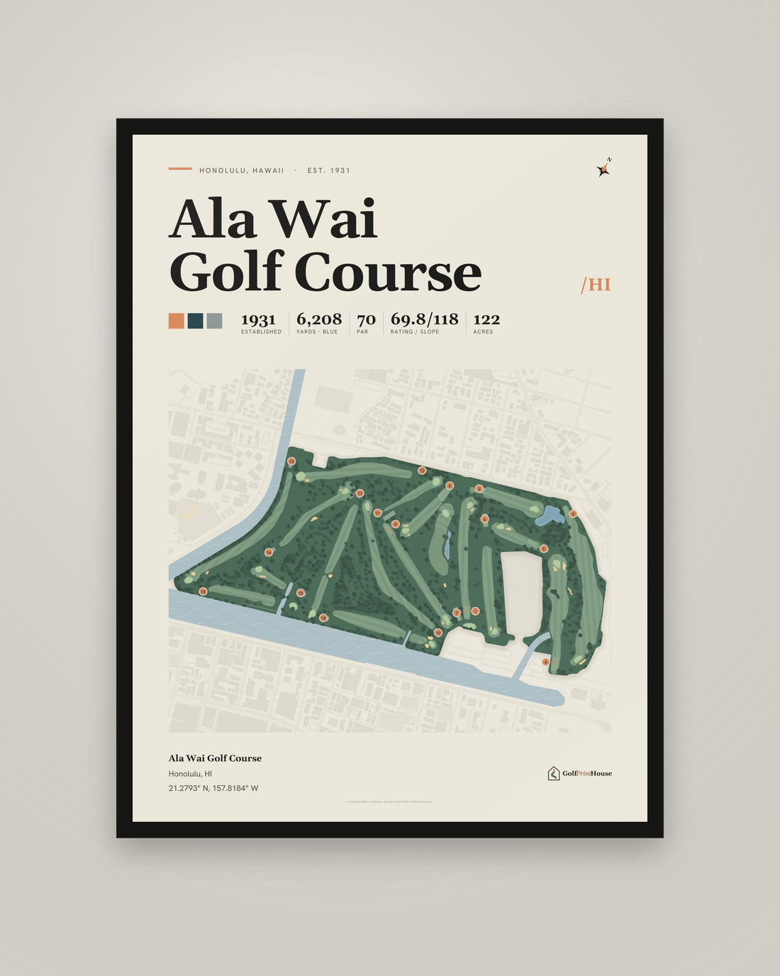 Ala Wai Golf Course Framed Print | Honolulu Golf Course Map | Ready to Hang Mid Century Golf Wall Art
