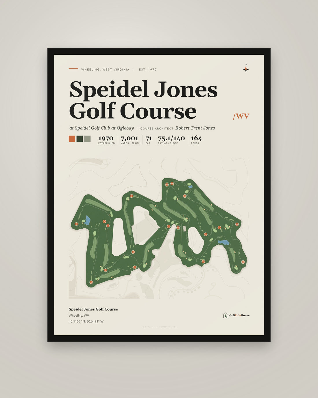 Speidel Jones Golf Course golf course print, framed, on a plain wall