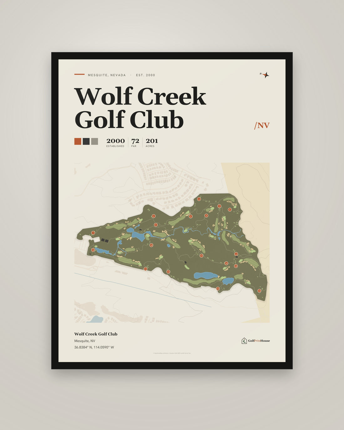 Wolf Creek Golf Club Framed Print | Mesquite Golf Course Map | Ready to Hang Mid Century Golf Wall Art