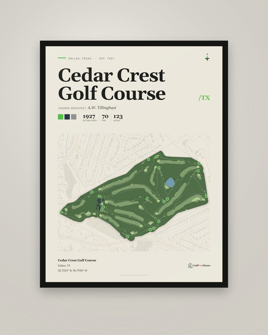 Cedar Crest Golf Course Print | Dallas Golf Course Map Poster | Mid Century Golf Wall Art