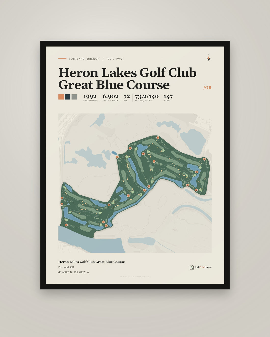 Heron Lakes Golf Club Great Blue Course golf course print, framed, on a plain wall