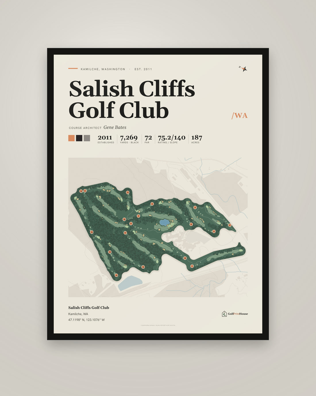 Salish Cliffs Golf Club Print | Kamilche Golf Course Map Poster | Mid Century Golf Wall Art