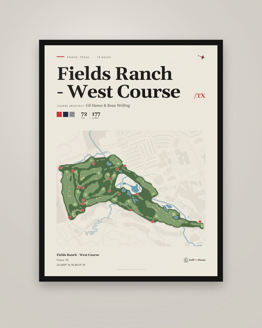Fields Ranch - West Course golf course print, framed, on a plain wall
