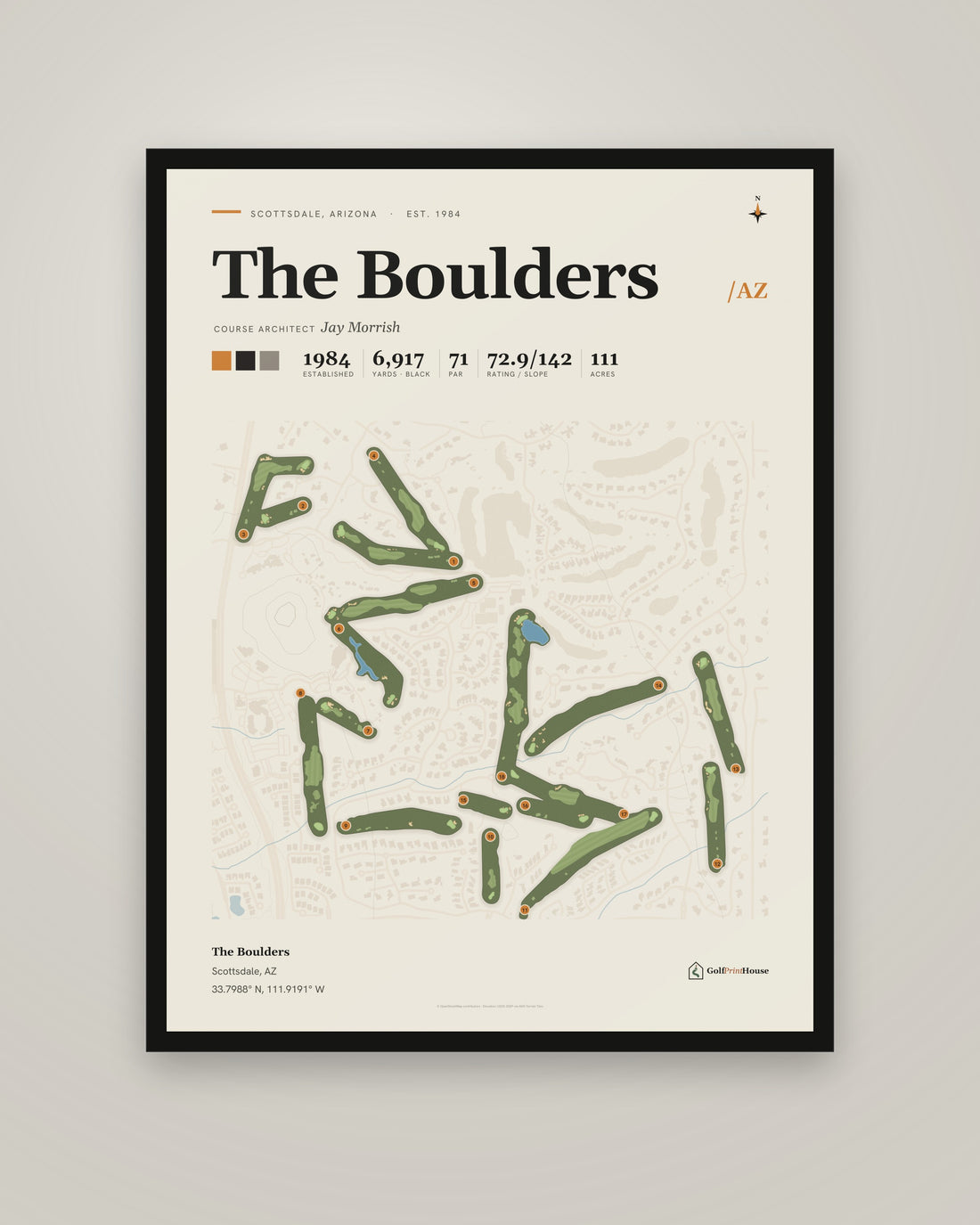 The Boulders golf course print, framed, on a plain wall
