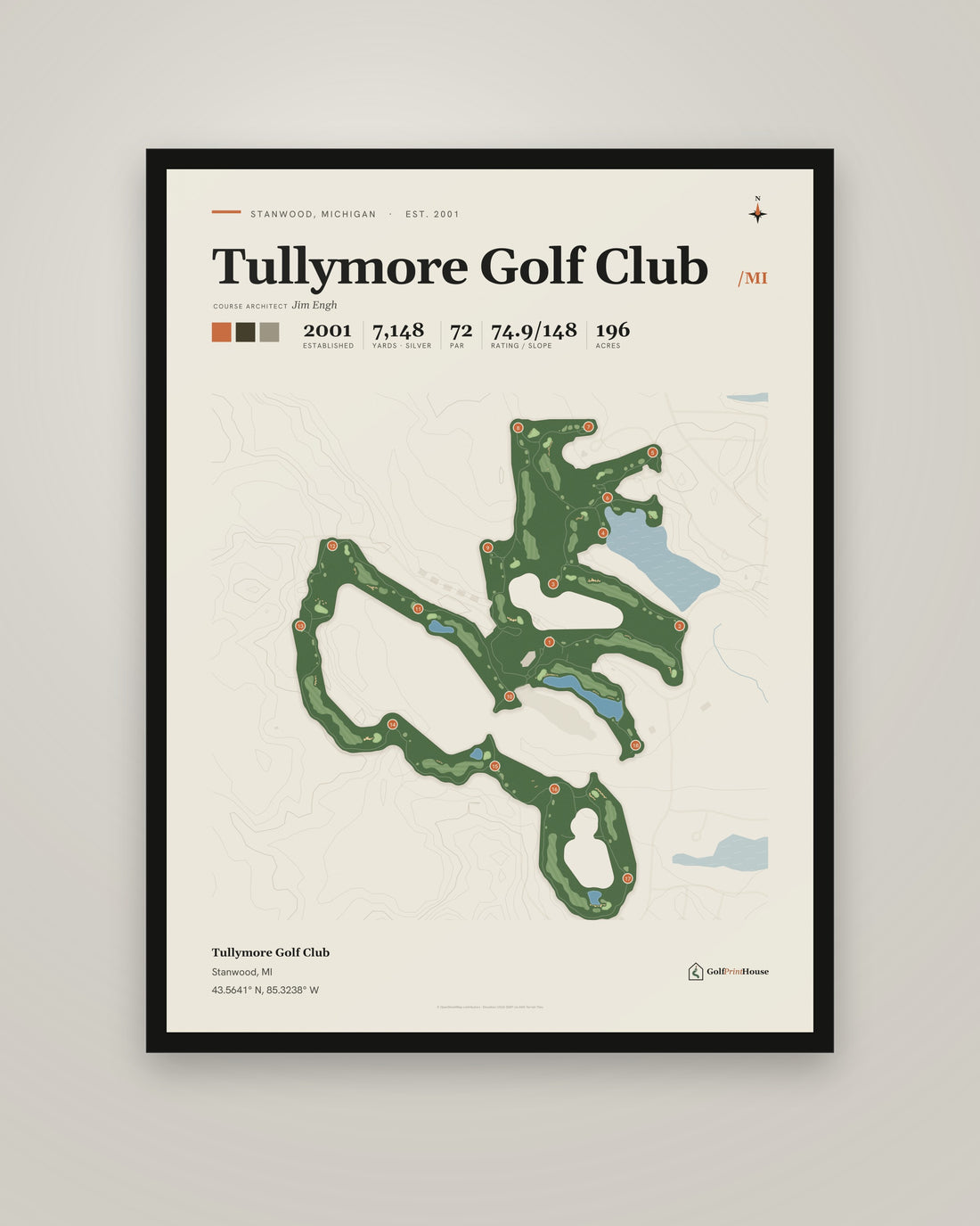 Tullymore Golf Club Framed Print | Stanwood Golf Course Map | Ready to Hang Mid Century Golf Wall Art
