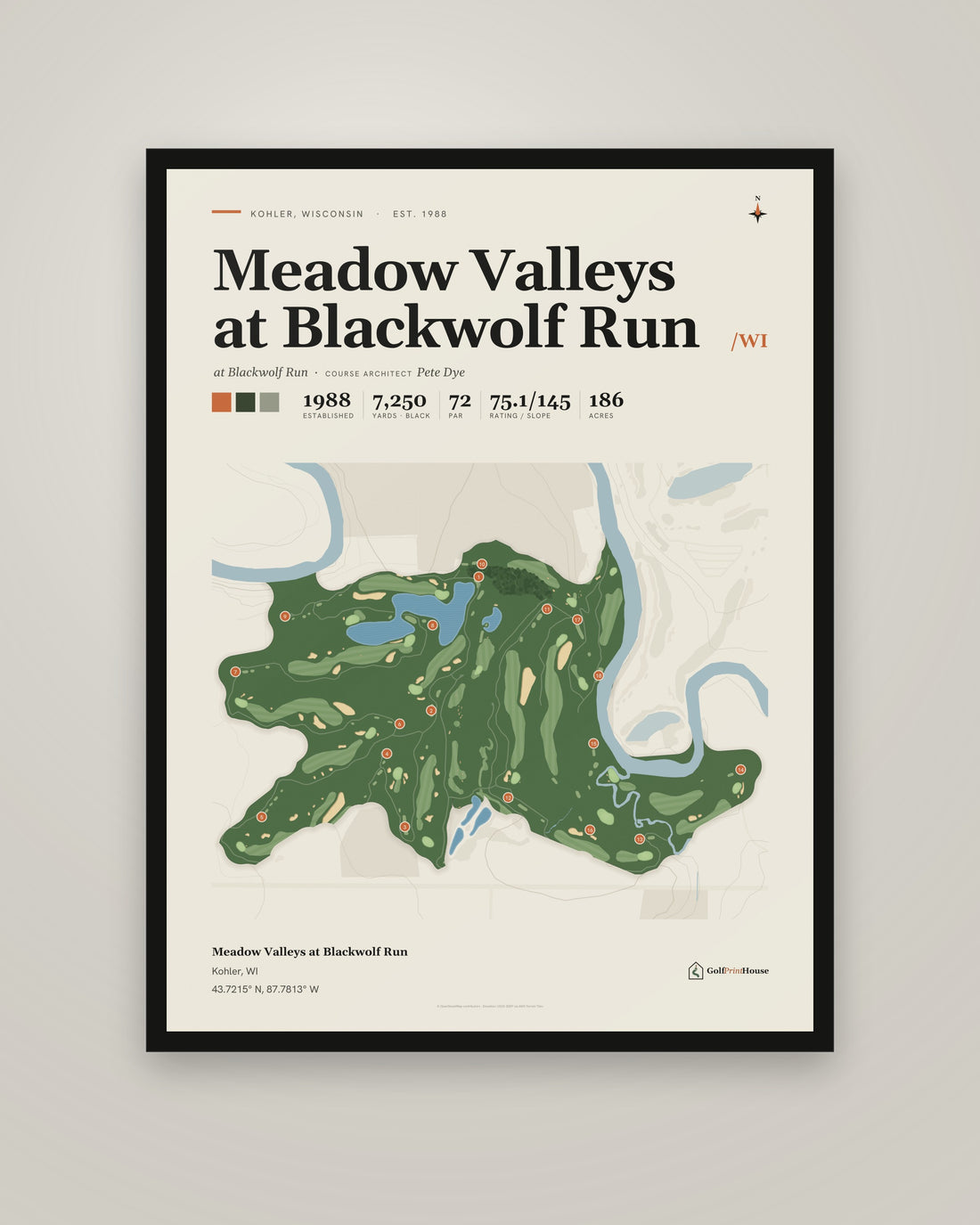 Meadow Valleys at Blackwolf Run golf course print, framed, on a plain wall