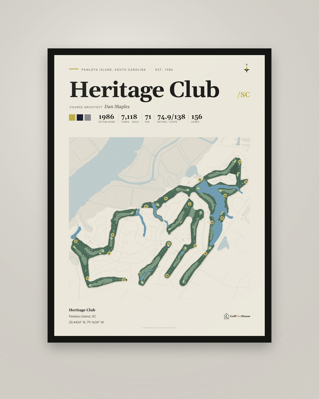 Heritage Club Framed Print | Pawleys Island Golf Course Map | Ready to Hang Mid Century Golf Wall Art