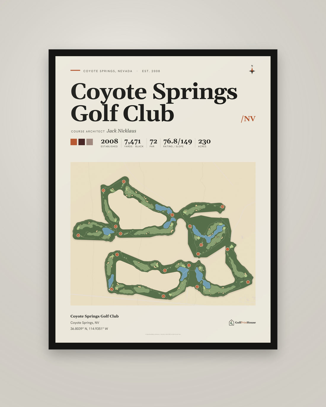 Coyote Springs Golf Club Framed Print | Coyote Springs Golf Course Map | Ready to Hang Mid Century Golf Wall Art