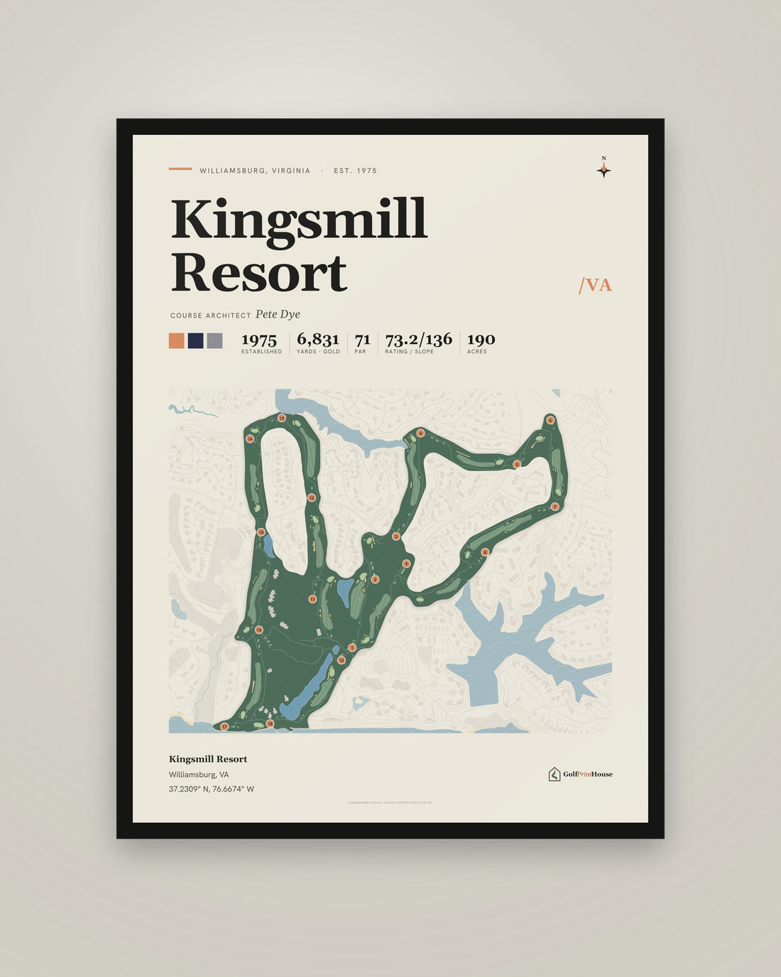 Kingsmill Resort golf course print, framed, on a plain wall