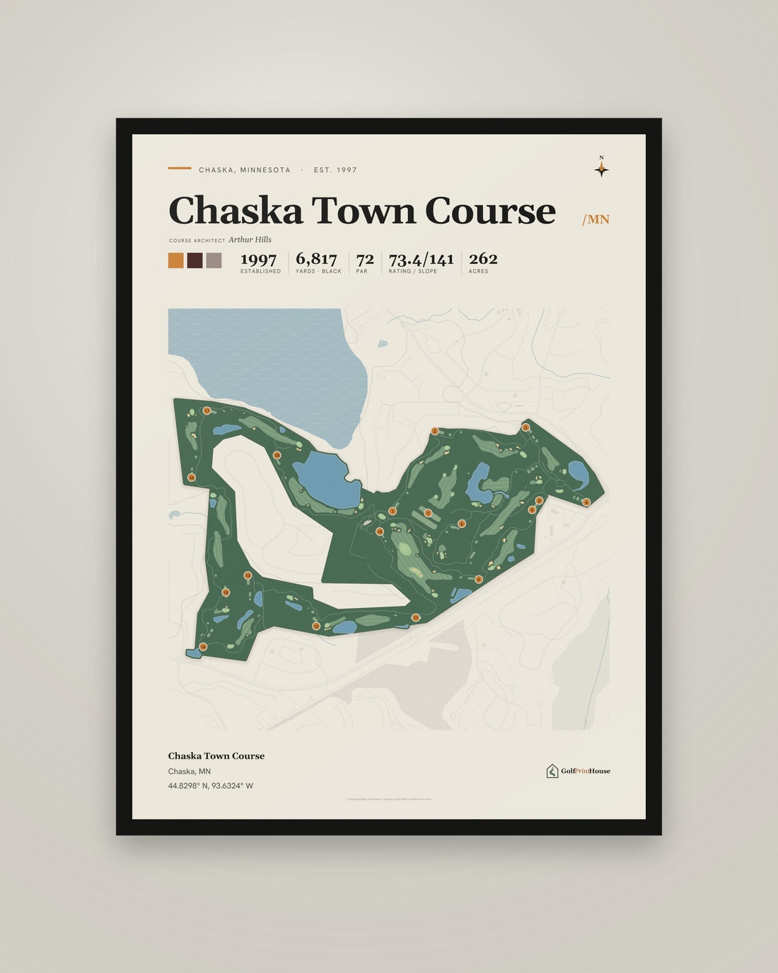 Chaska Town Course Print | Chaska Golf Course Map Poster | Mid Century Golf Wall Art