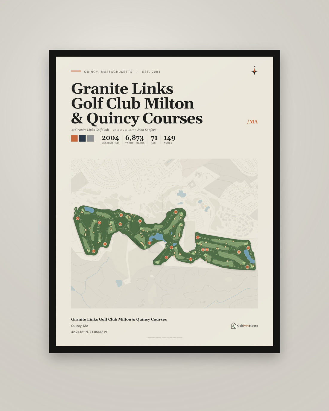 Granite Links Golf Club Milton & Quincy Courses golf course print, framed, on a plain wall