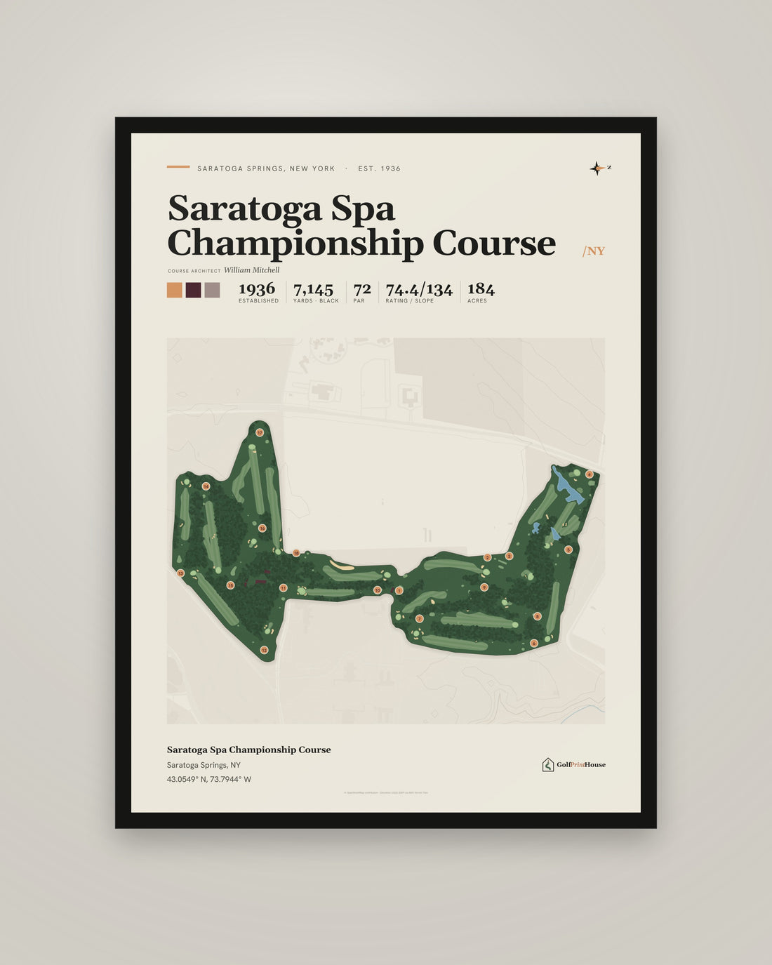 Saratoga Spa Championship Course Print | Saratoga Springs Golf Course Map Poster | Mid Century Golf Wall Art