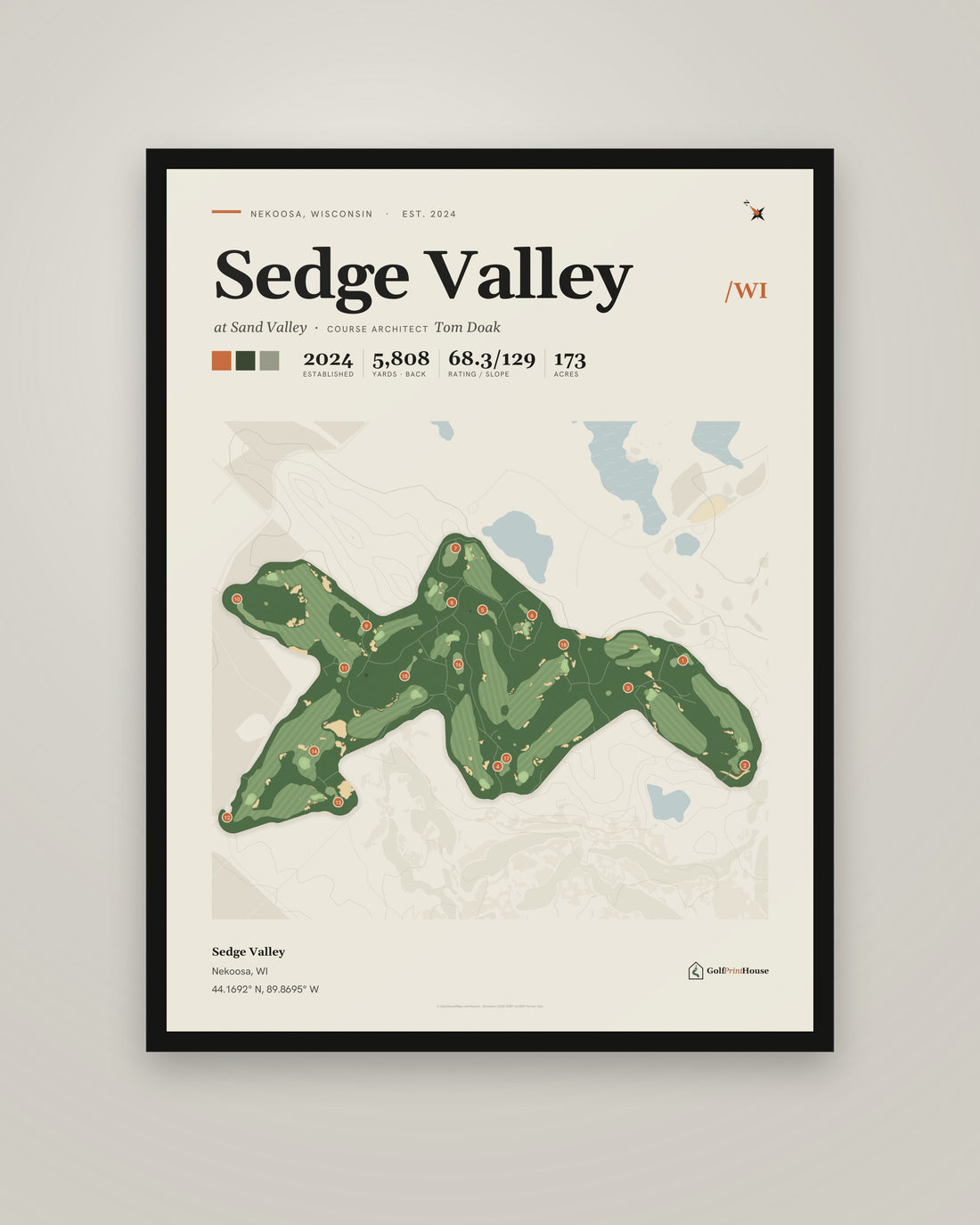 Sedge Valley Framed Print | Nekoosa Golf Course Map | Ready to Hang Mid Century Golf Wall Art