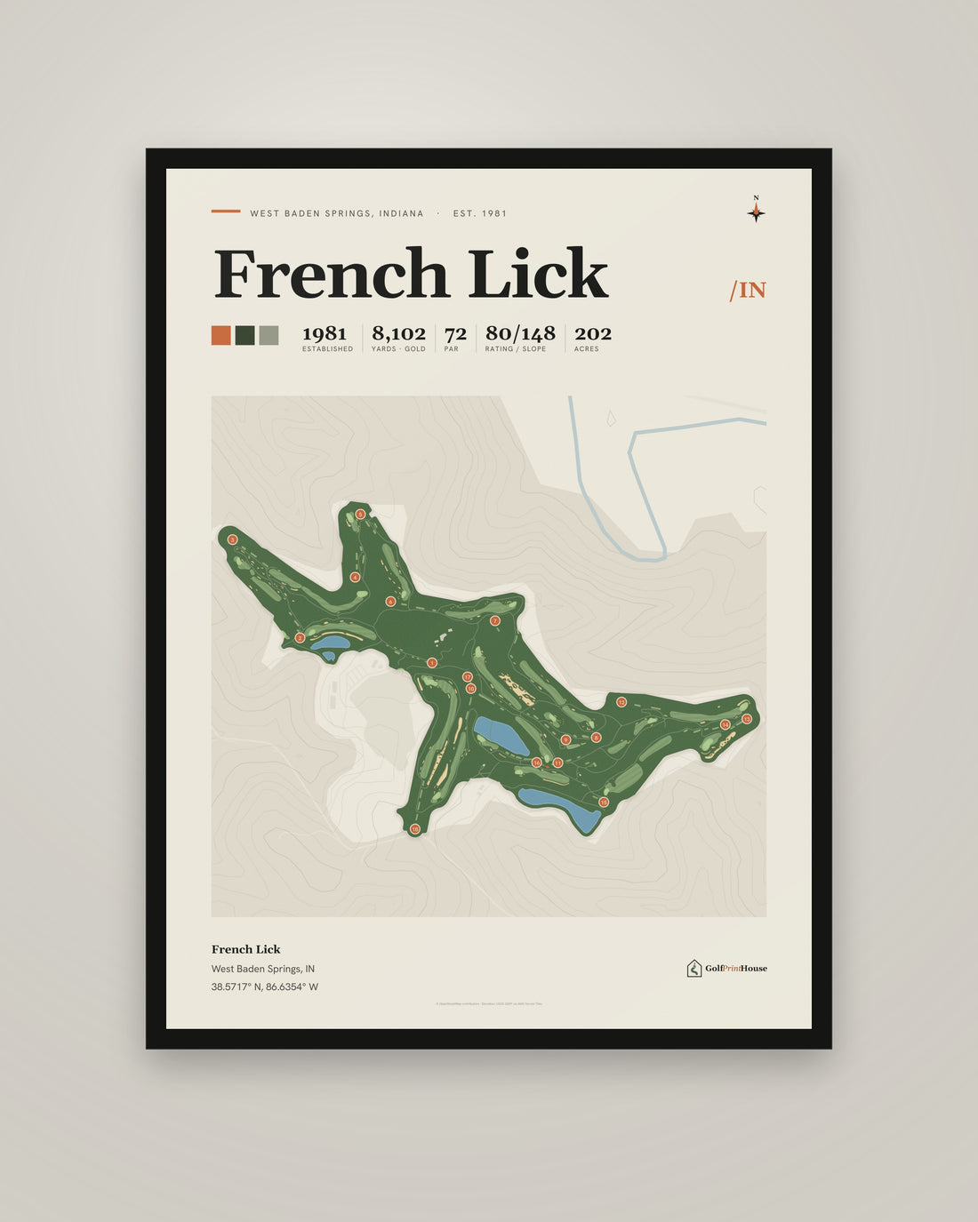French Lick golf course print, framed, on a plain wall