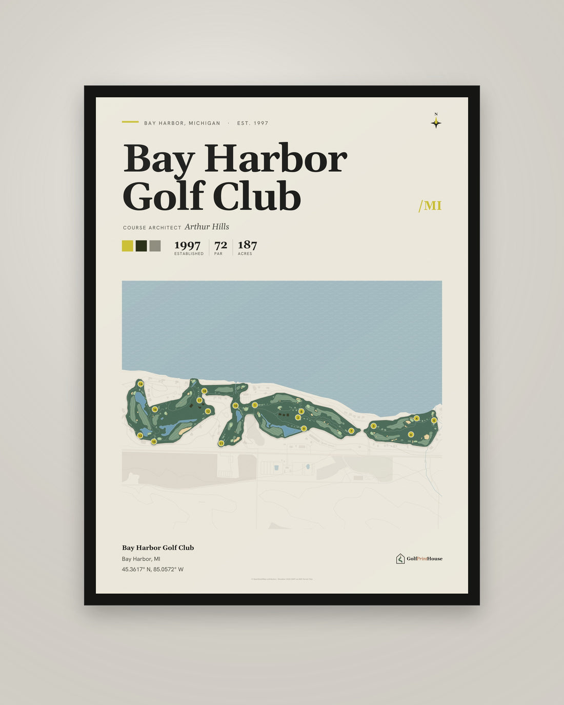 Bay Harbor Golf Club golf course print, framed, on a plain wall