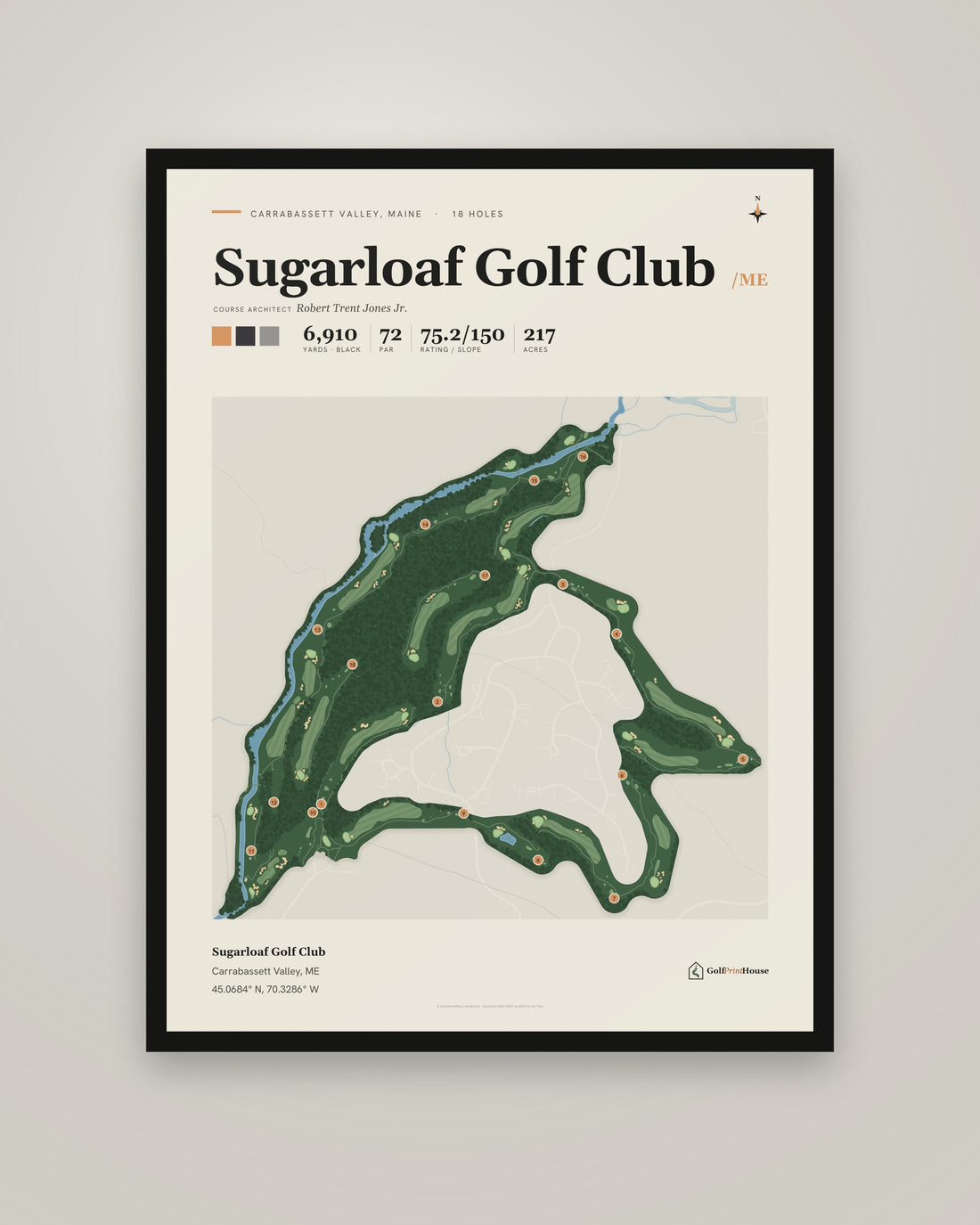 Sugarloaf Golf Club golf course print, framed, on a plain wall
