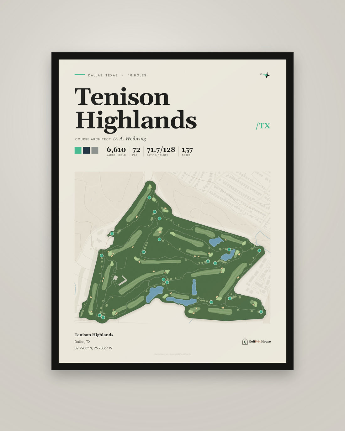 Tenison Highlands Print | Dallas Golf Course Map Poster | Mid Century Golf Wall Art