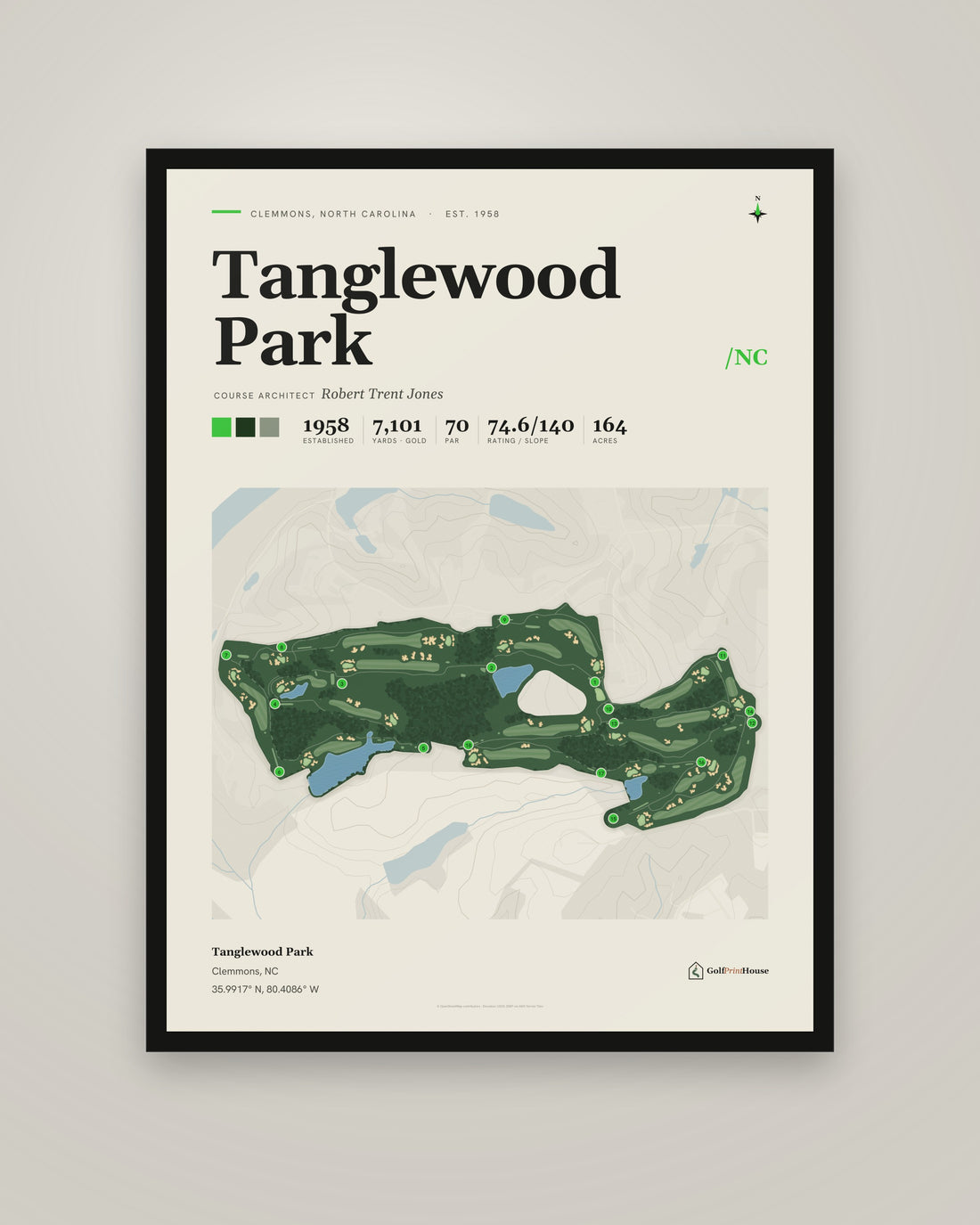 Tanglewood Park golf course print, framed, on a plain wall