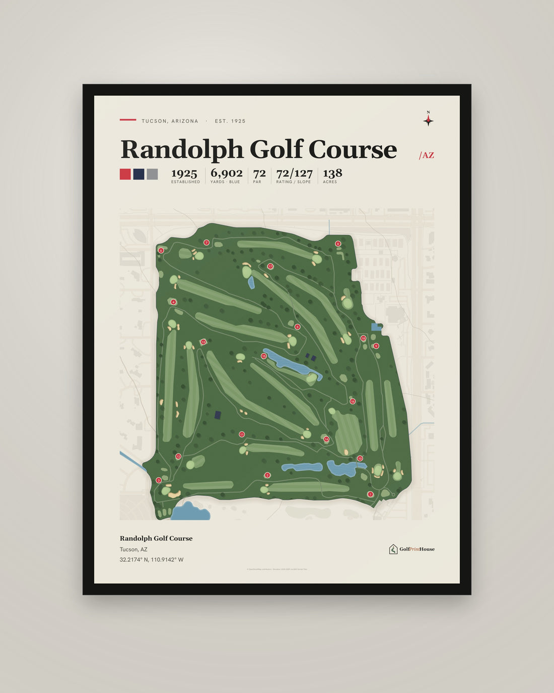 Randolph Golf Course golf course print, framed, on a plain wall