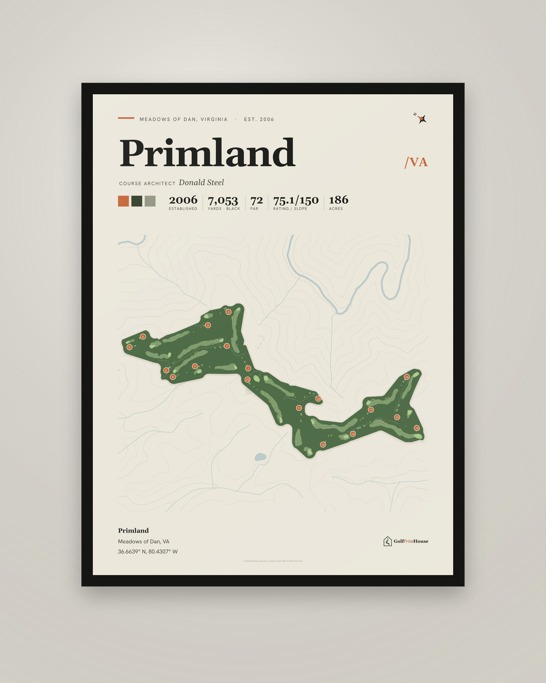 Primland Framed Print | Meadows of Dan Golf Course Map | Ready to Hang Mid Century Golf Wall Art