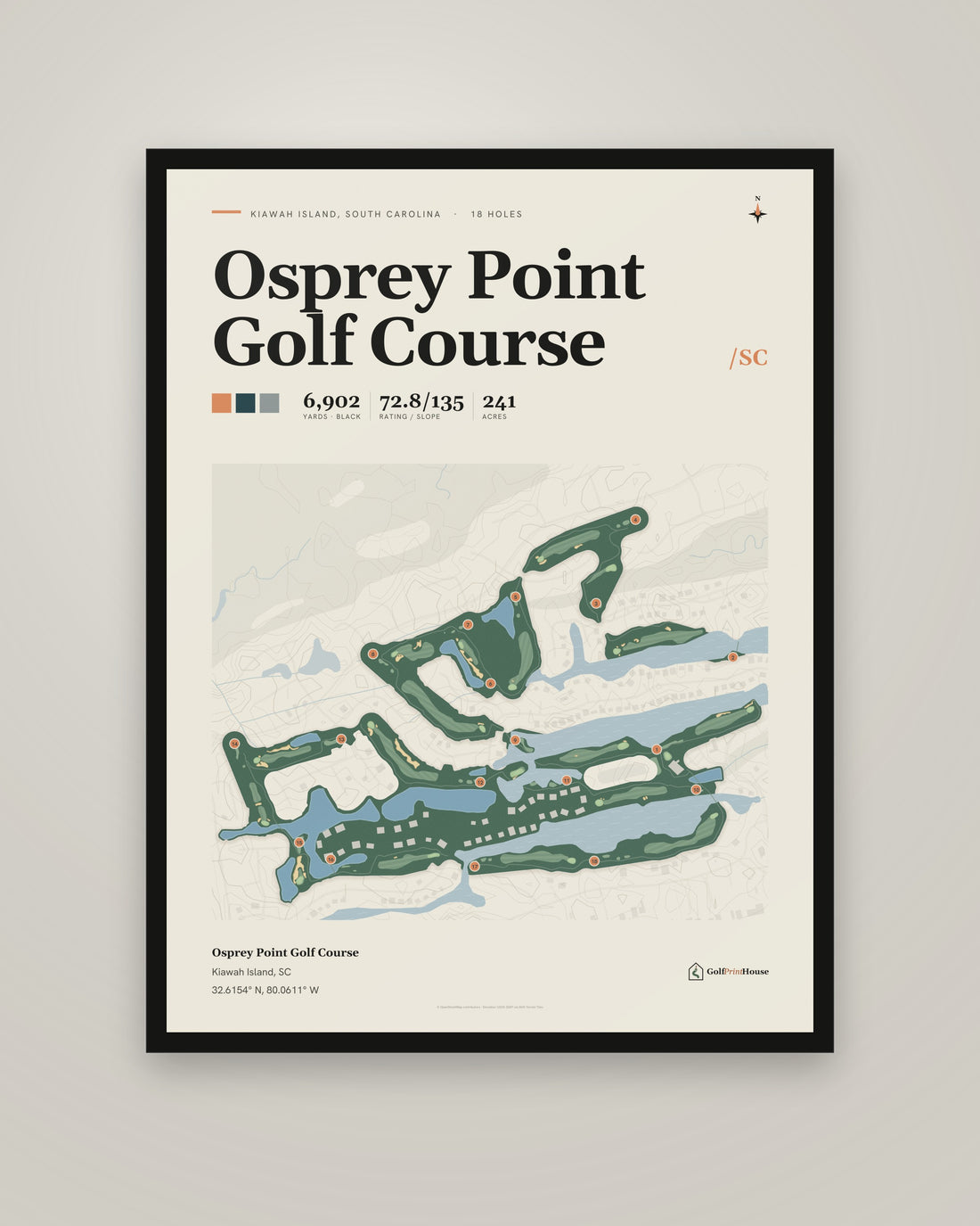 Osprey Point Golf Course golf course print, framed, on a plain wall