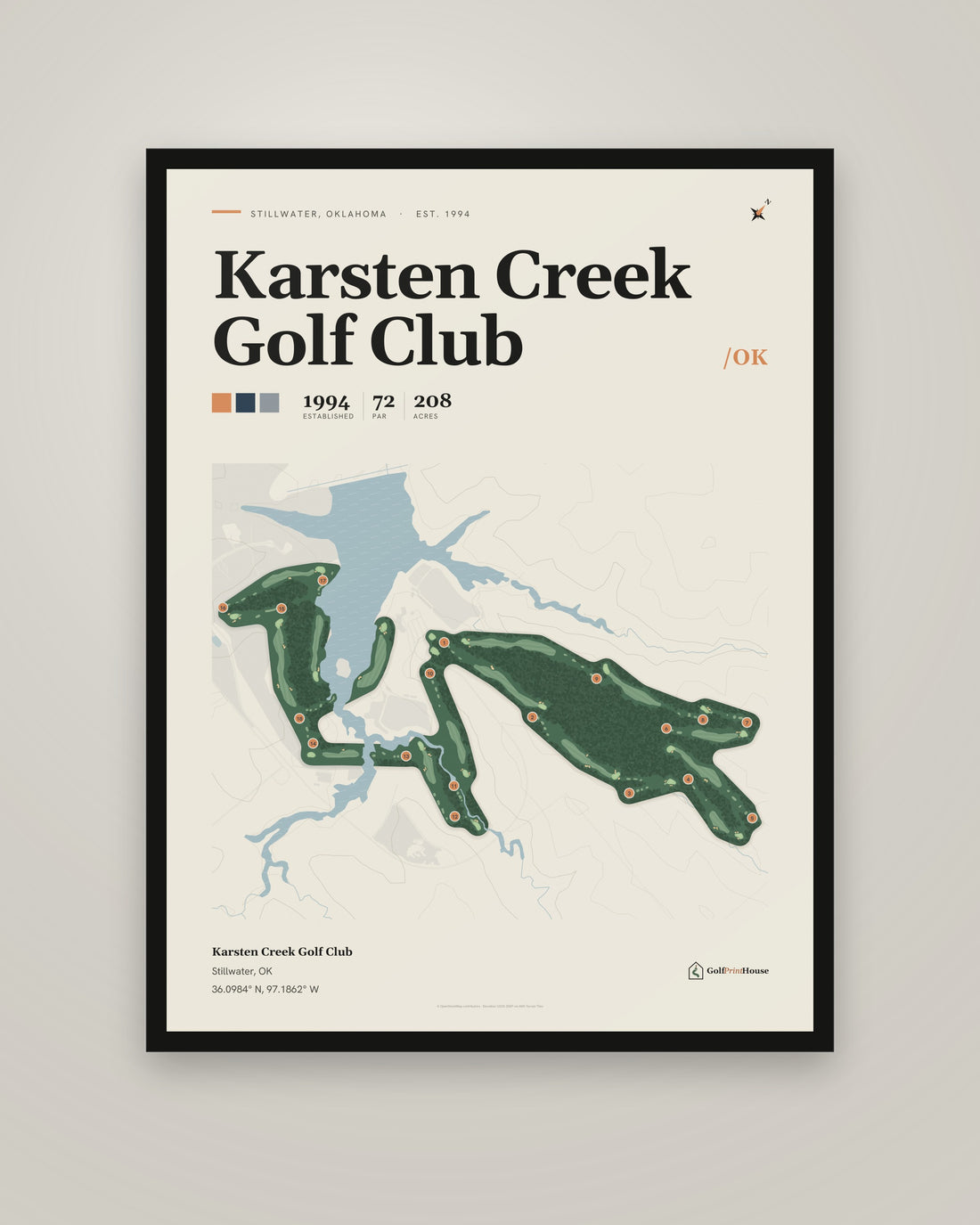 Karsten Creek Golf Club golf course print, framed, on a plain wall